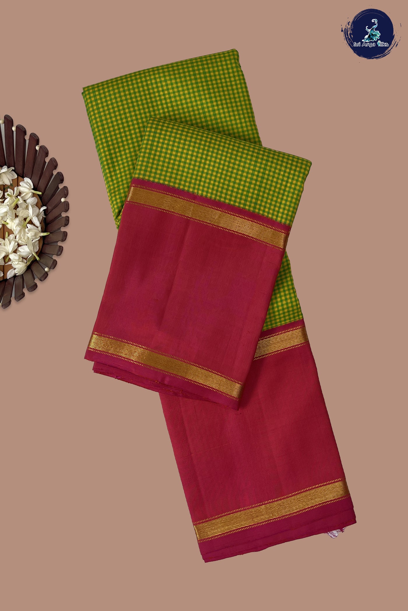 Green Checked Saree With Checked Pattern