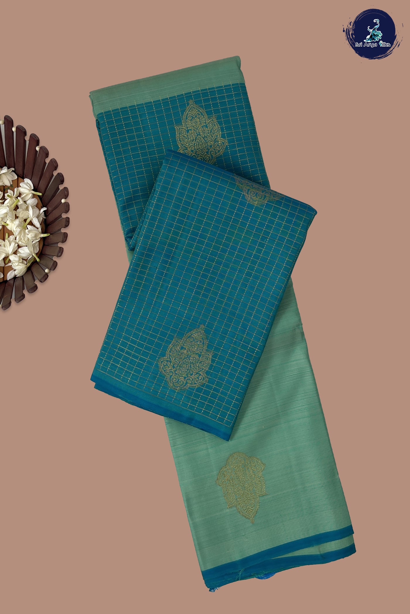 Pastel Green Half and Half Checked Silk Saree With Zari Buttas Pattern