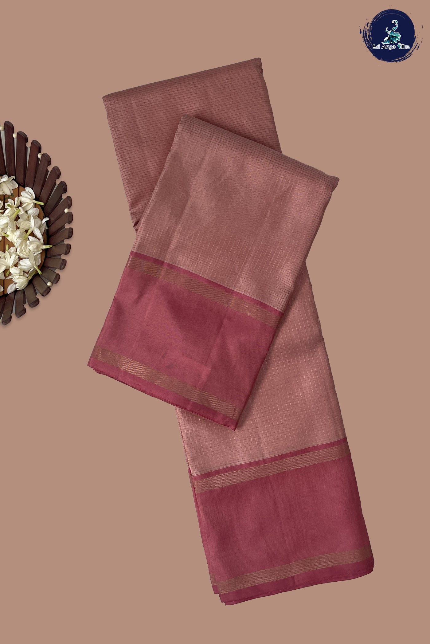 Peach Pink Checked Saree With Zari Checked Pattern