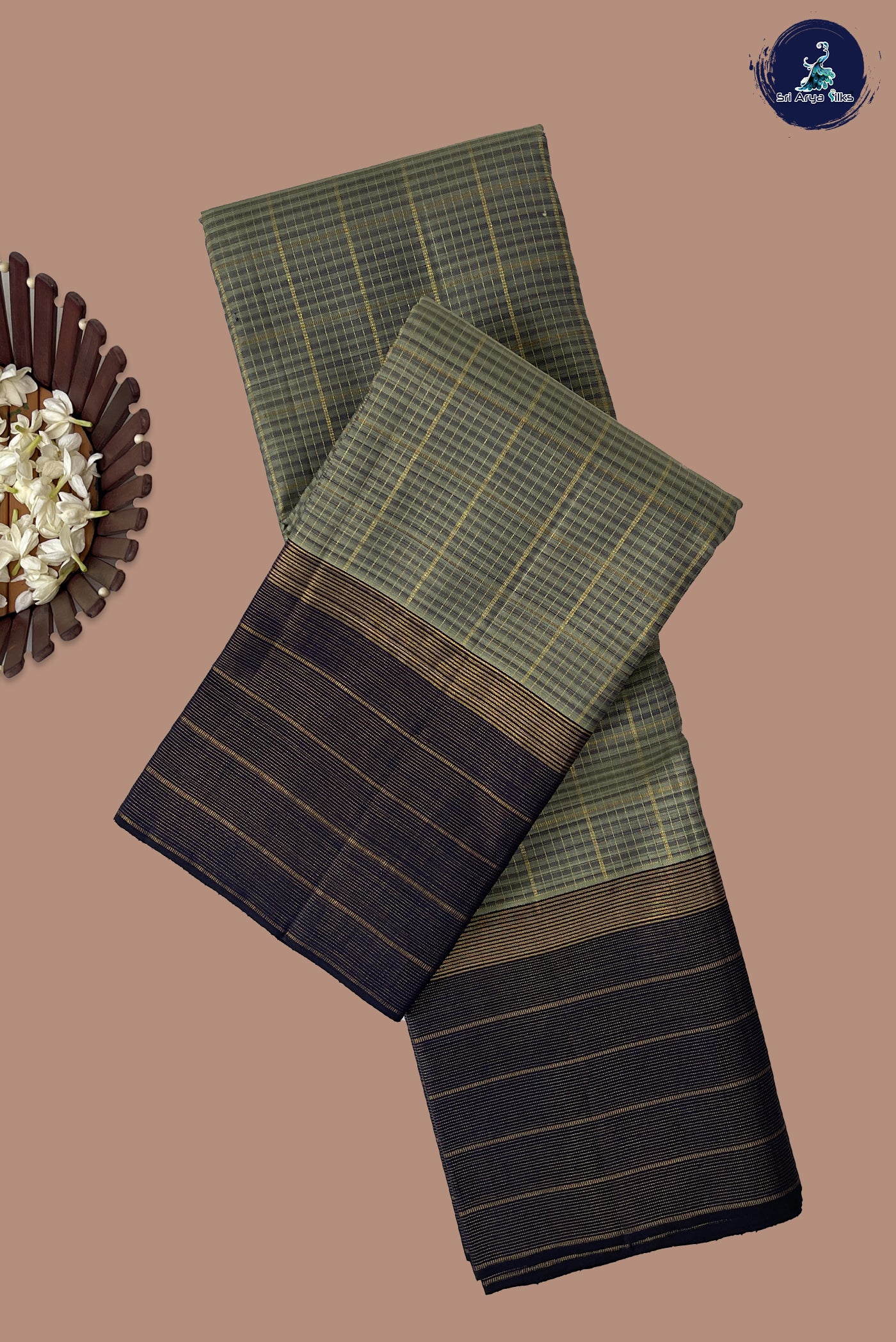 Military Green Checked Saree With Zari Checked Pattern