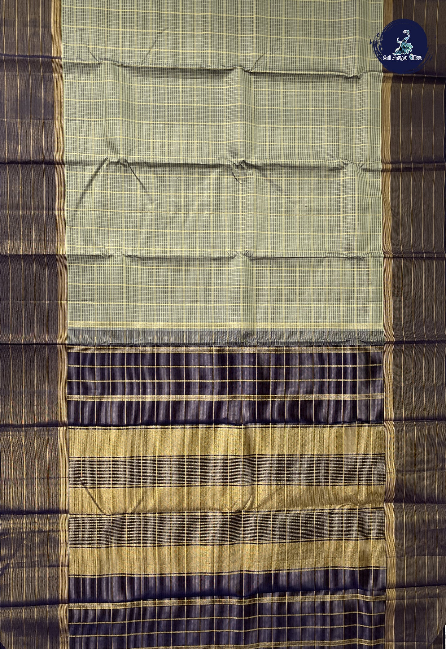 Military Green Checked Saree With Zari Checked Pattern