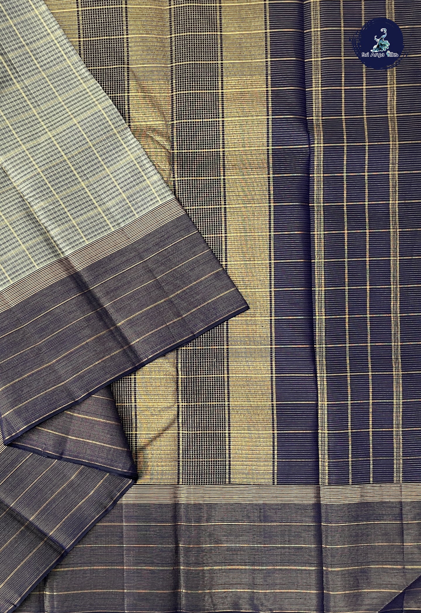 Military Green Checked Saree With Zari Checked Pattern