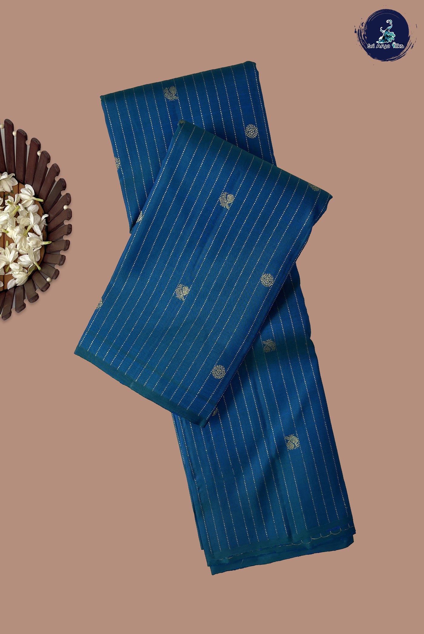 Peacock Blue Without Border Saree With Stripes Pattern