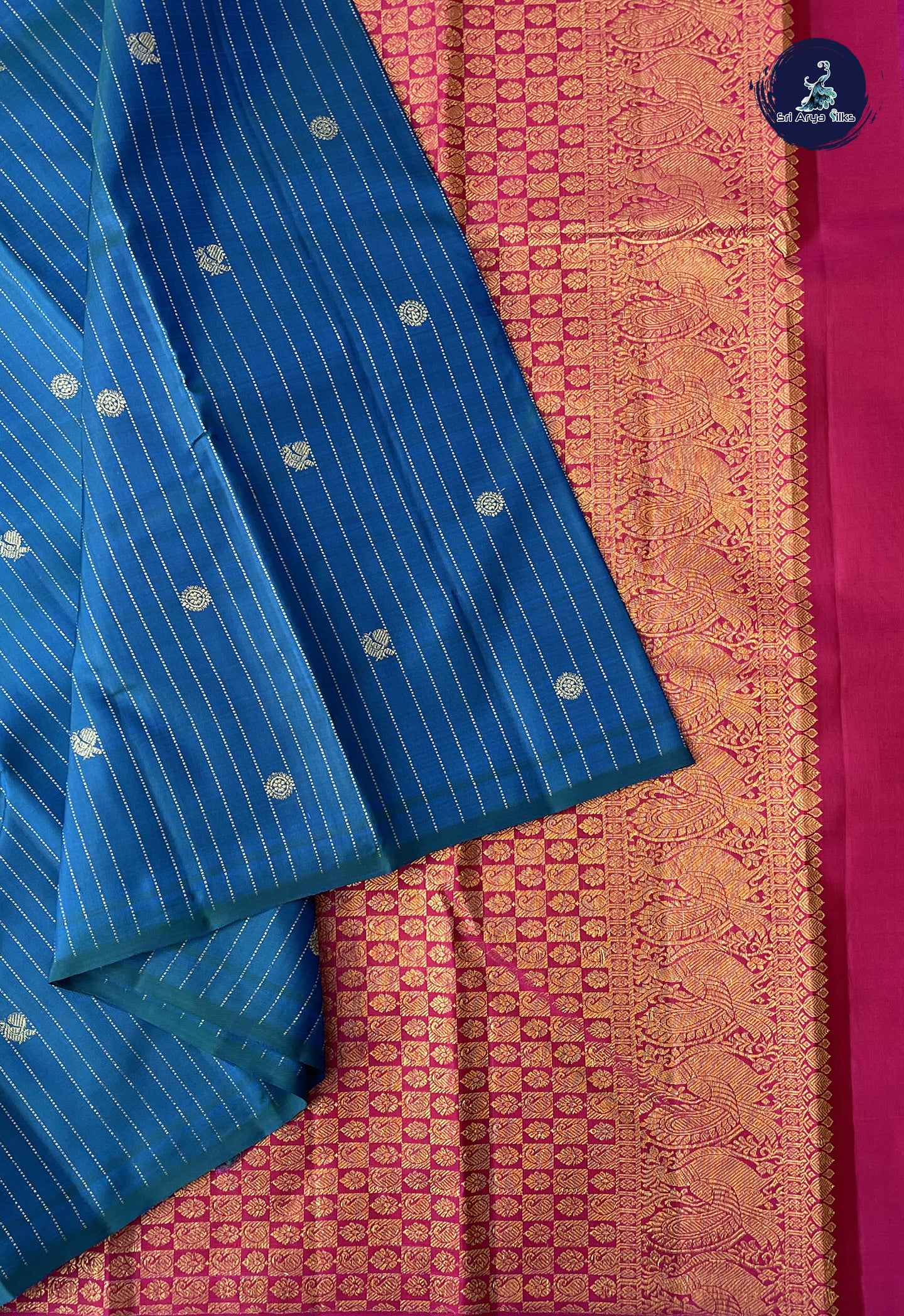 Peacock Blue Without Border Saree With Stripes Pattern