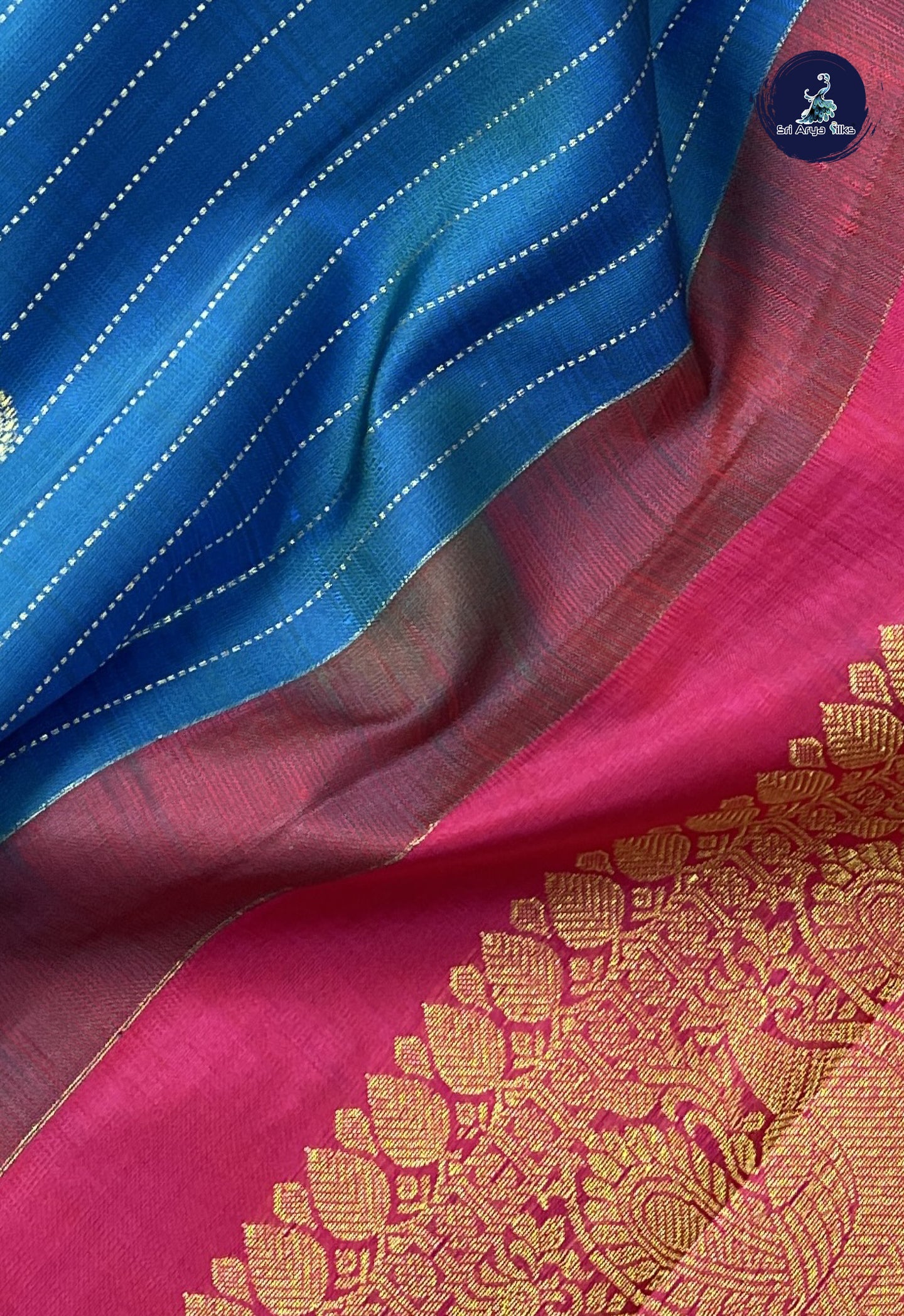 Peacock Blue Without Border Saree With Stripes Pattern