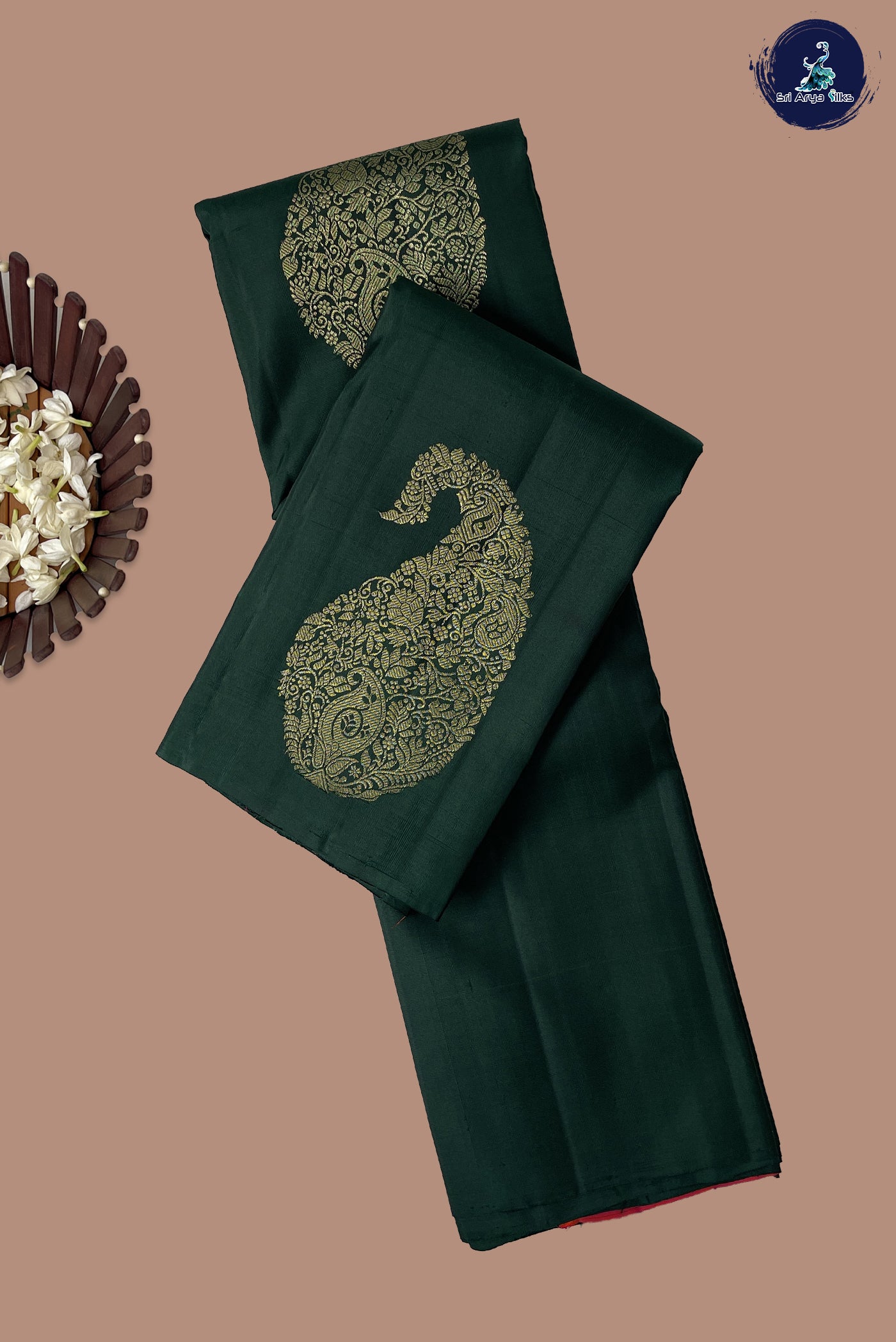 Bottle Green Without Border Saree With Zari Buttas Pattern