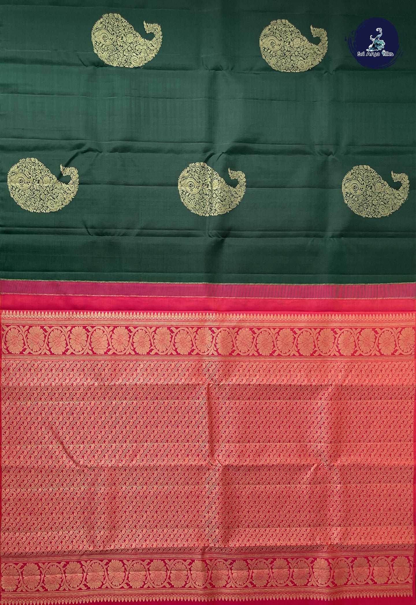 Bottle Green Without Border Saree With Zari Buttas Pattern