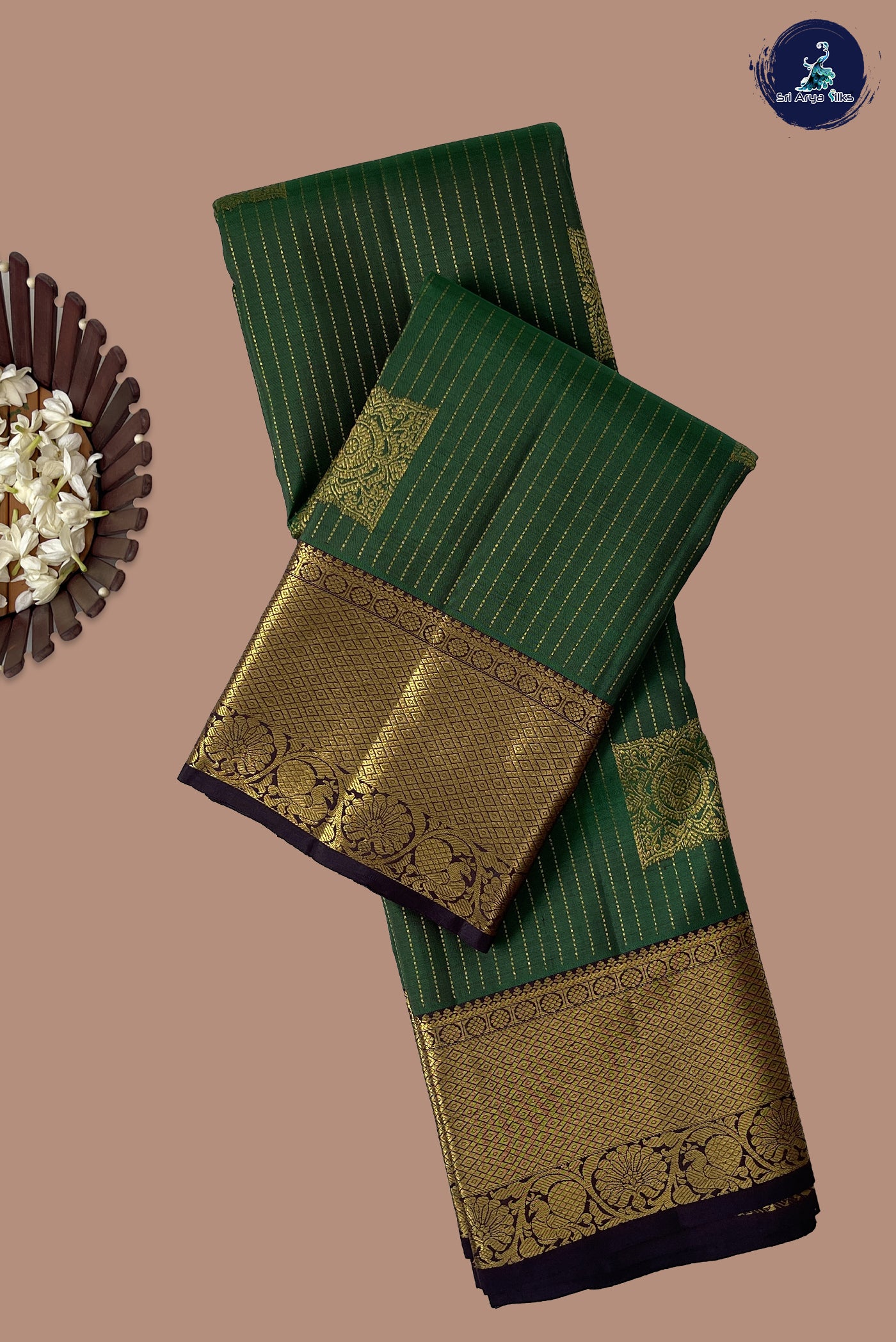 Dark Green Bridal Silk Saree With Stripes Pattern