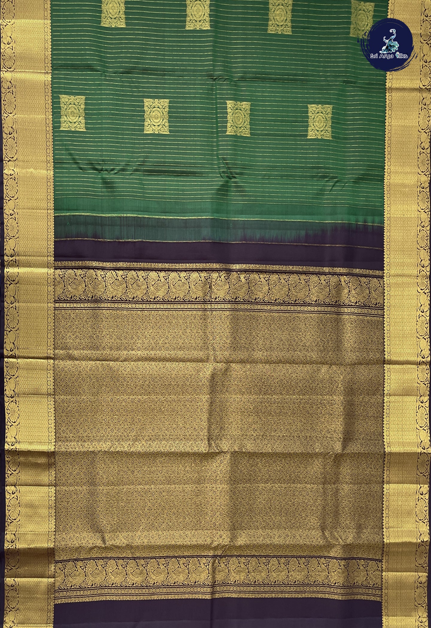 Dark Green Bridal Silk Saree With Stripes Pattern