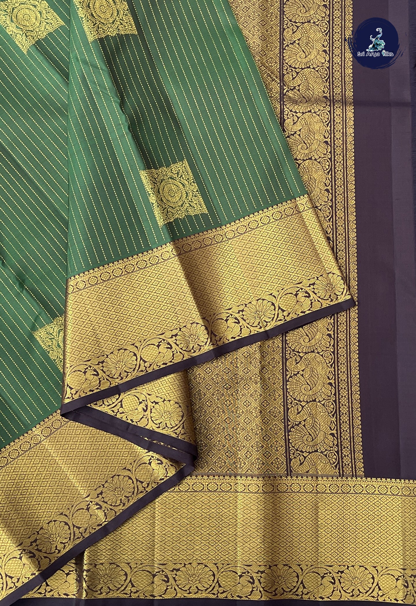 Dark Green Bridal Silk Saree With Stripes Pattern