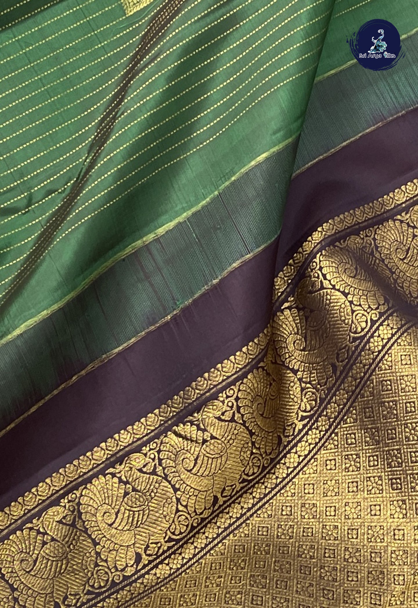 Dark Green Bridal Silk Saree With Stripes Pattern