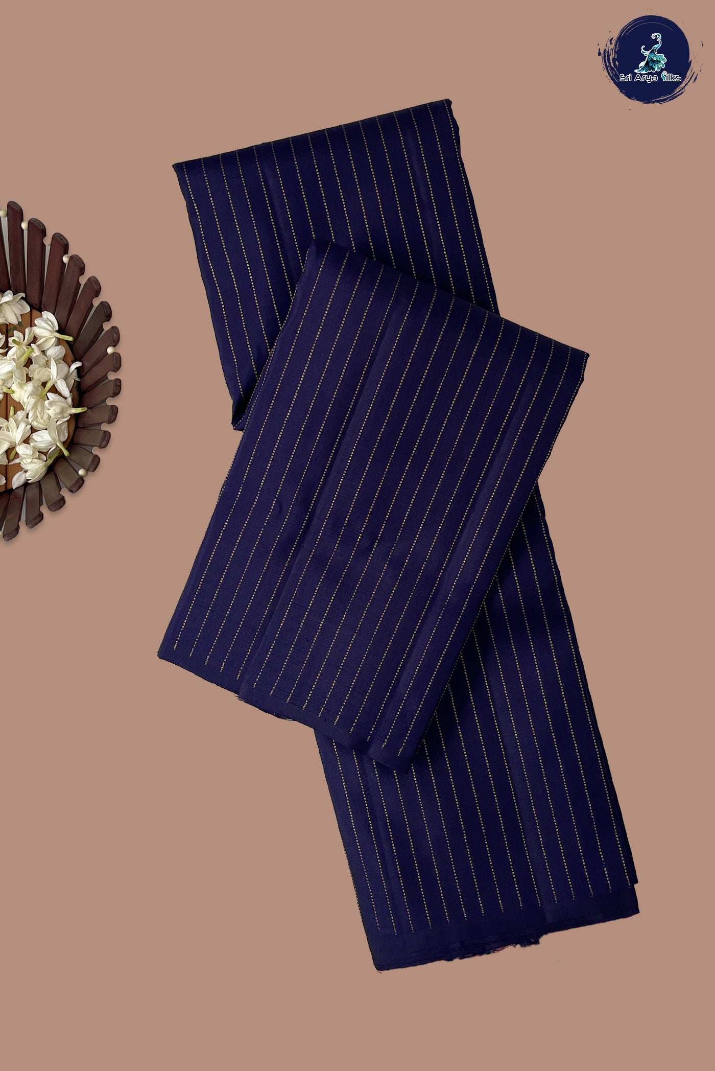 Navy Blue Without Border Saree With Stripes Pattern