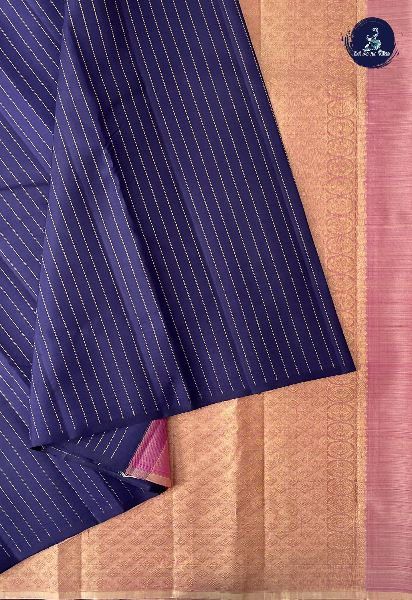 Navy Blue Without Border Saree With Stripes Pattern