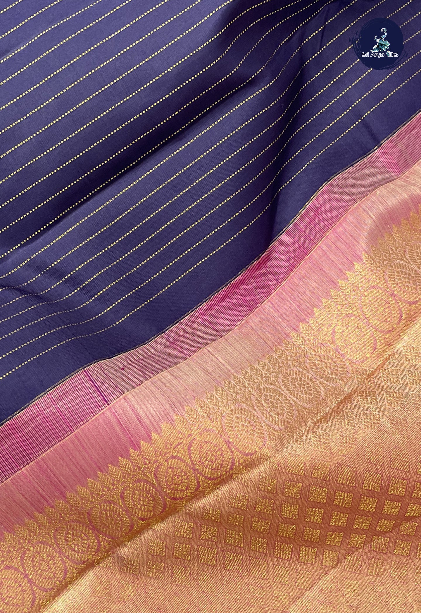 Navy Blue Without Border Saree With Stripes Pattern