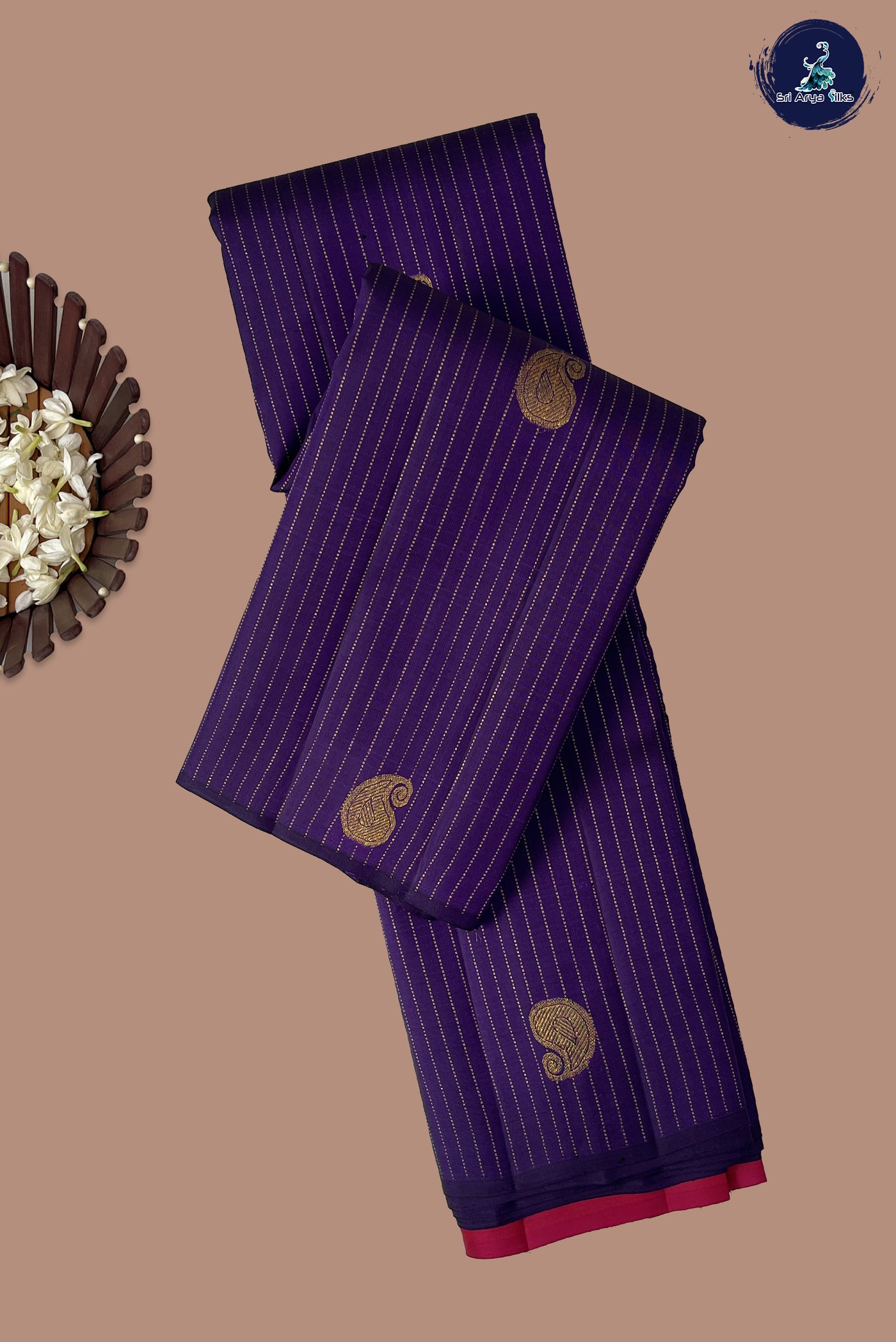 Dark Violet Without Border Saree With Stripes Pattern