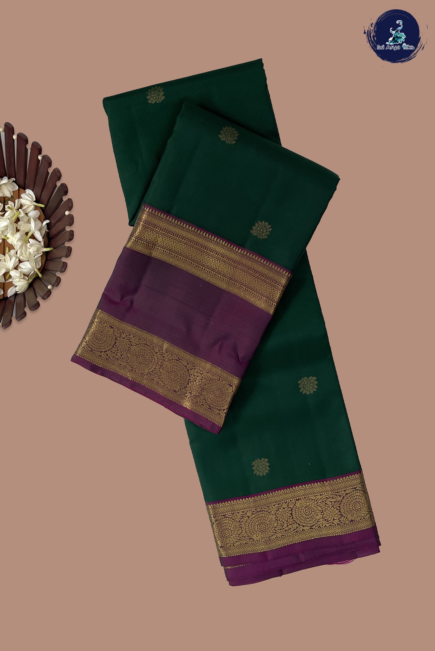 Bottle Green Traditional Silk Saree With Zari Buttas Pattern