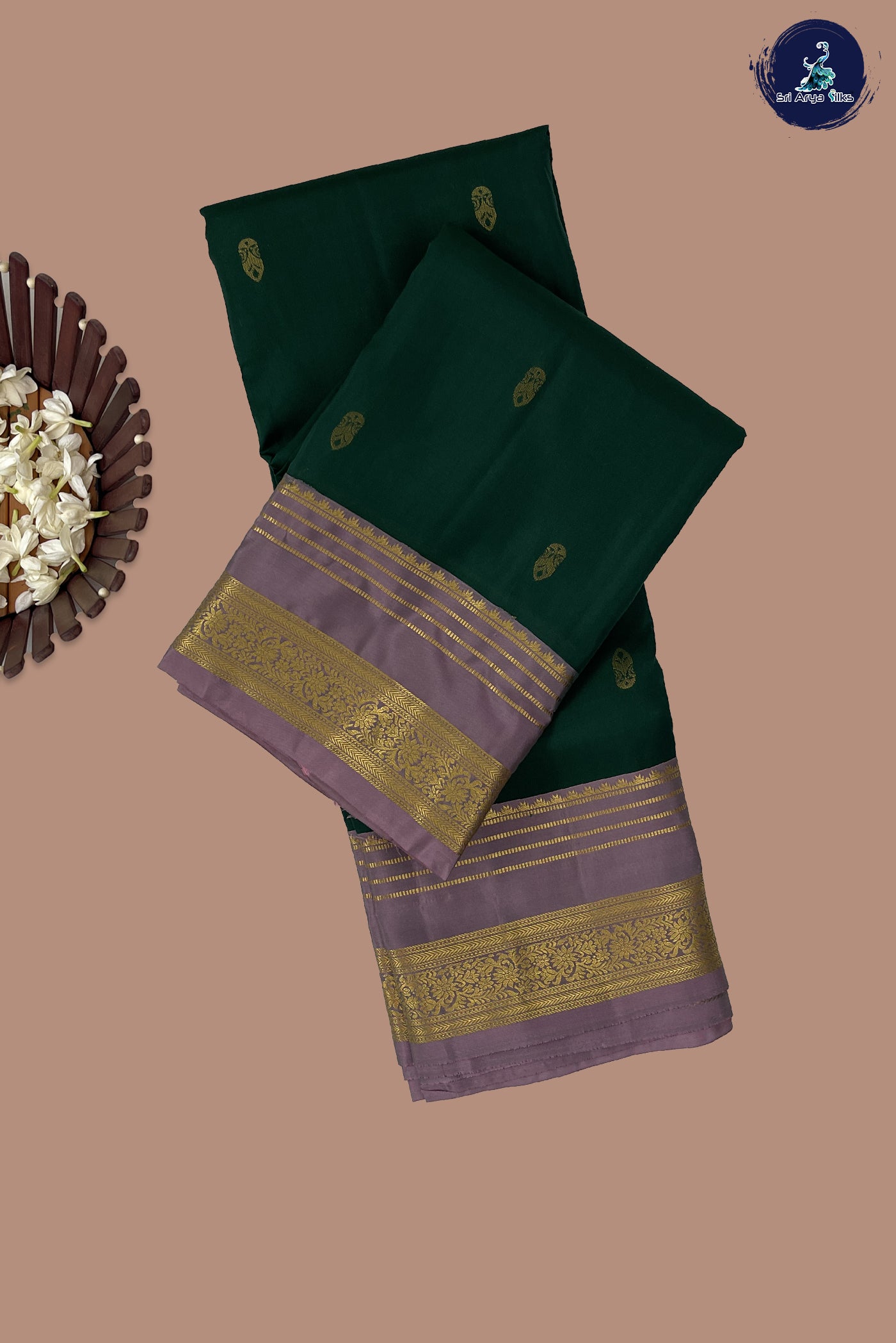 Bottle Green Half Pure Silk Saree With Zari Buttas Pattern