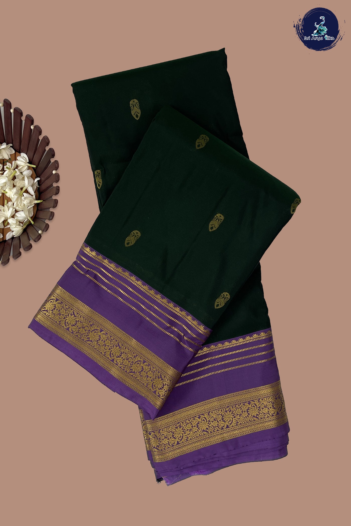Bottle Green Half Pure Silk Saree With Zari Buttas Pattern