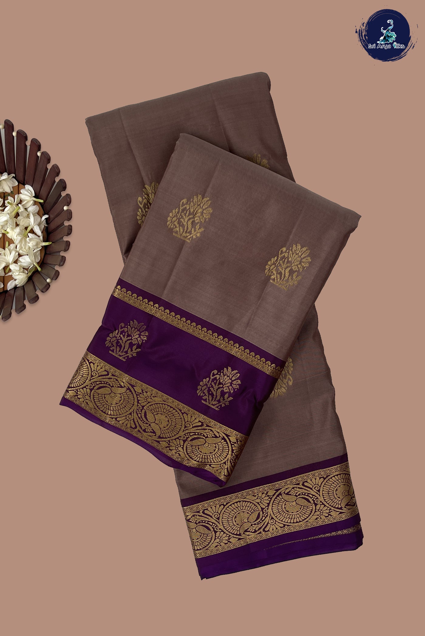 Light Brown Half Pure Silk Saree With Zari Buttas Pattern