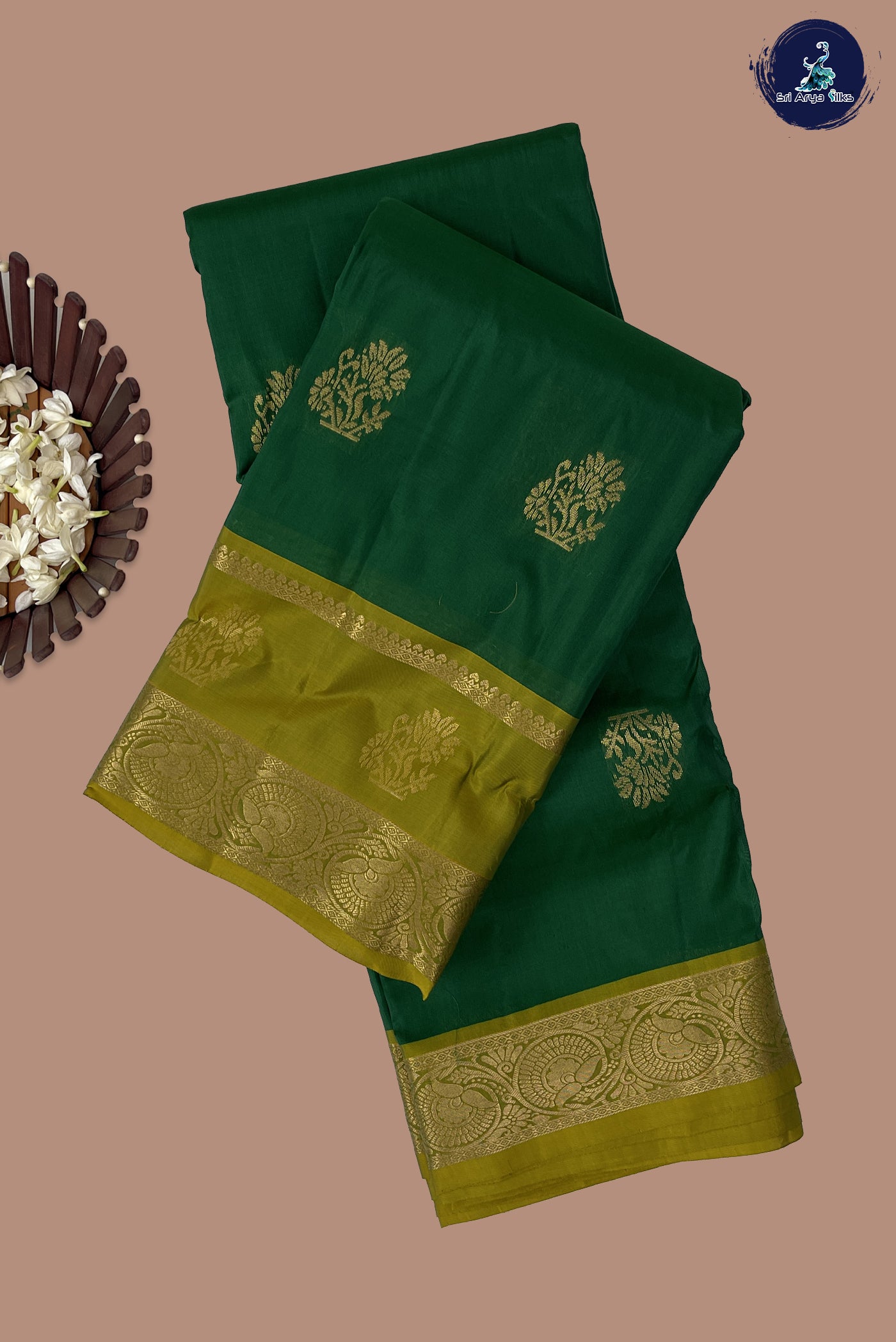 Dark Green Half Pure Silk Saree With Zari Buttas Pattern