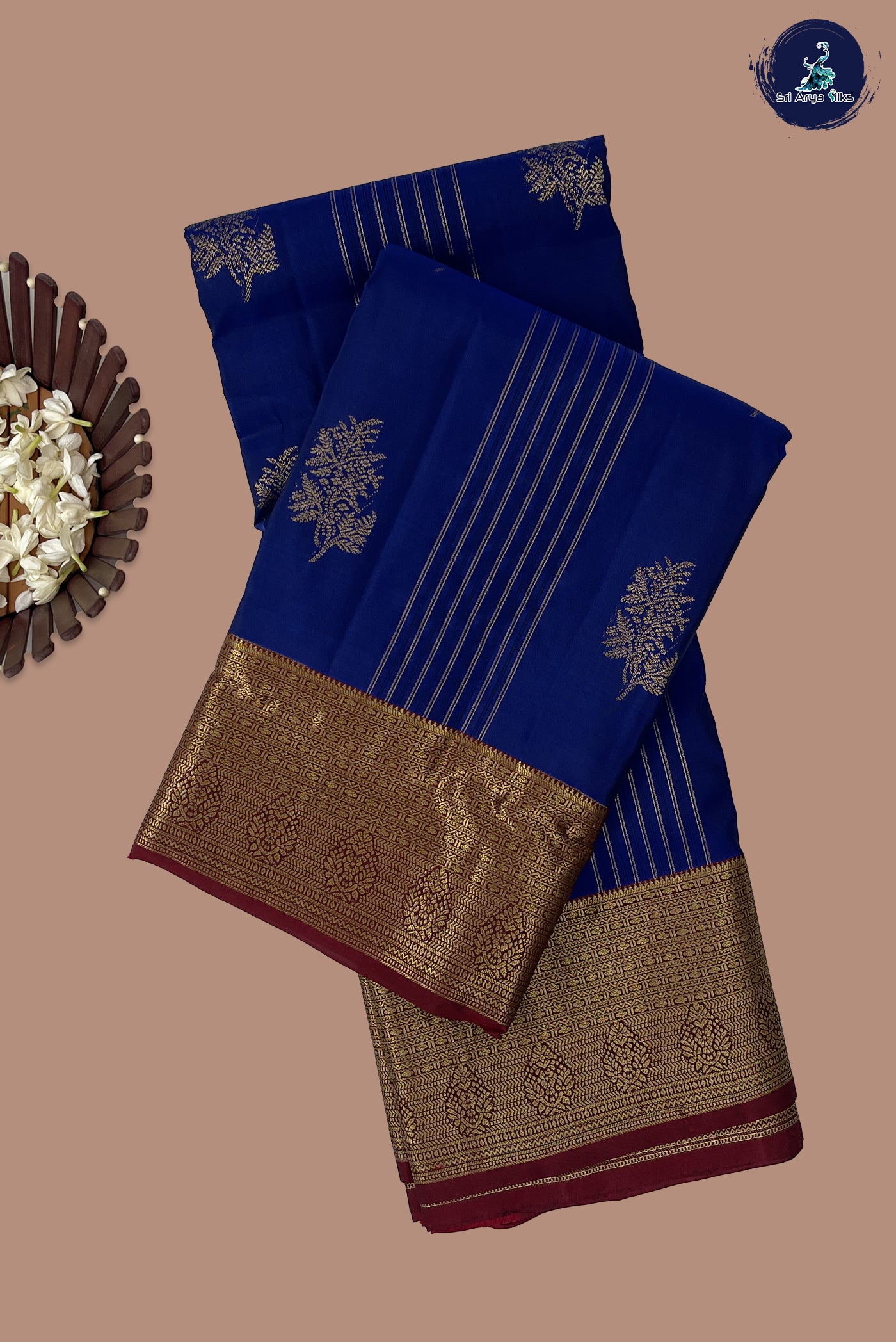 Dark Blue Half Pure Silk Saree With Stripes Pattern
