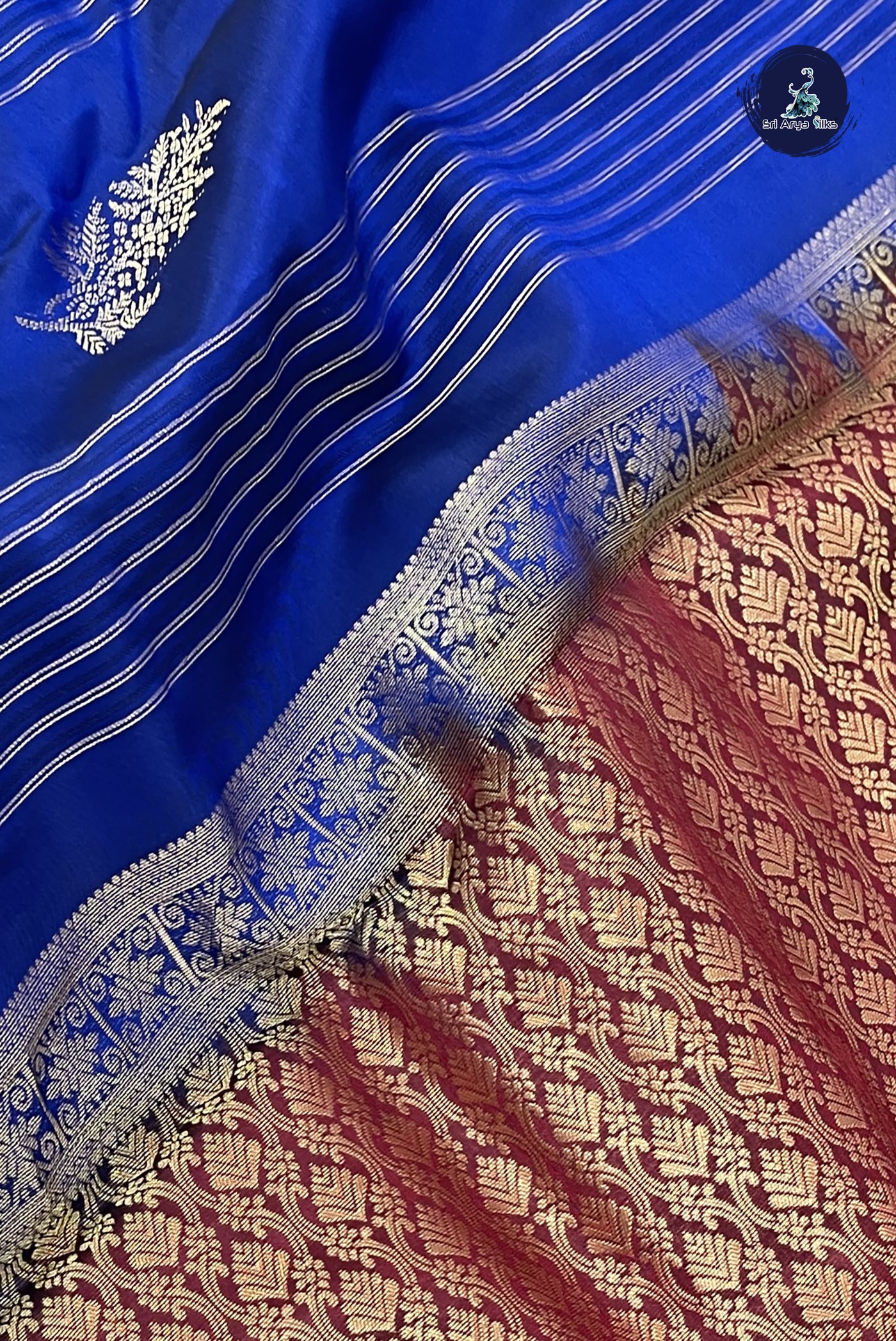 Dark Blue Half Pure Silk Saree With Stripes Pattern