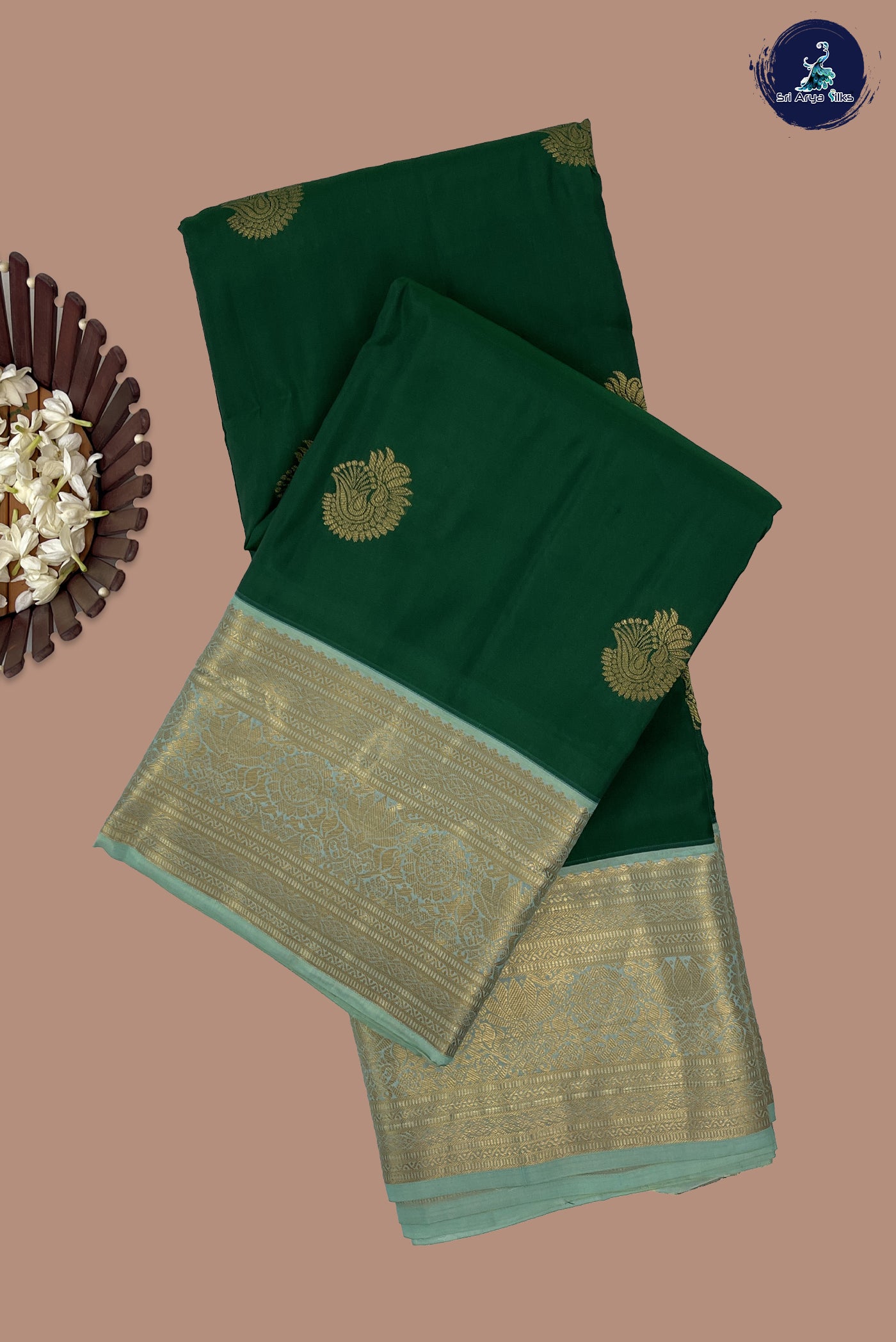 Bottle Green Half Pure Silk Saree With Zari Buttas Pattern