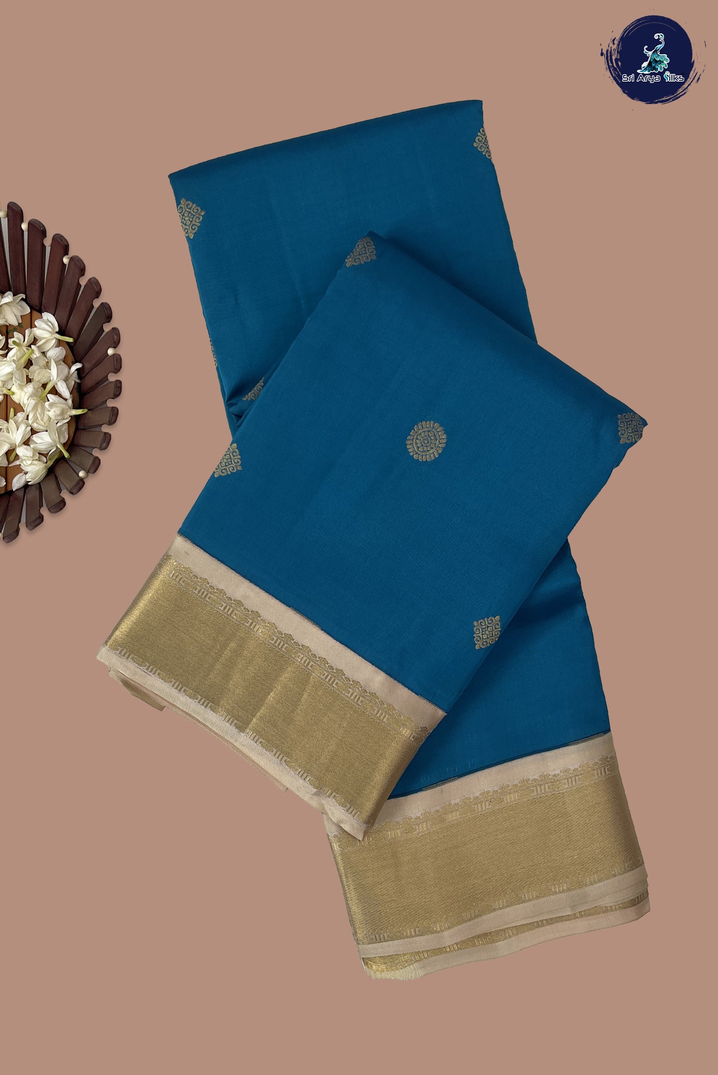 Peacock Blue Half Pure Silk Saree With Zari Buttas Pattern