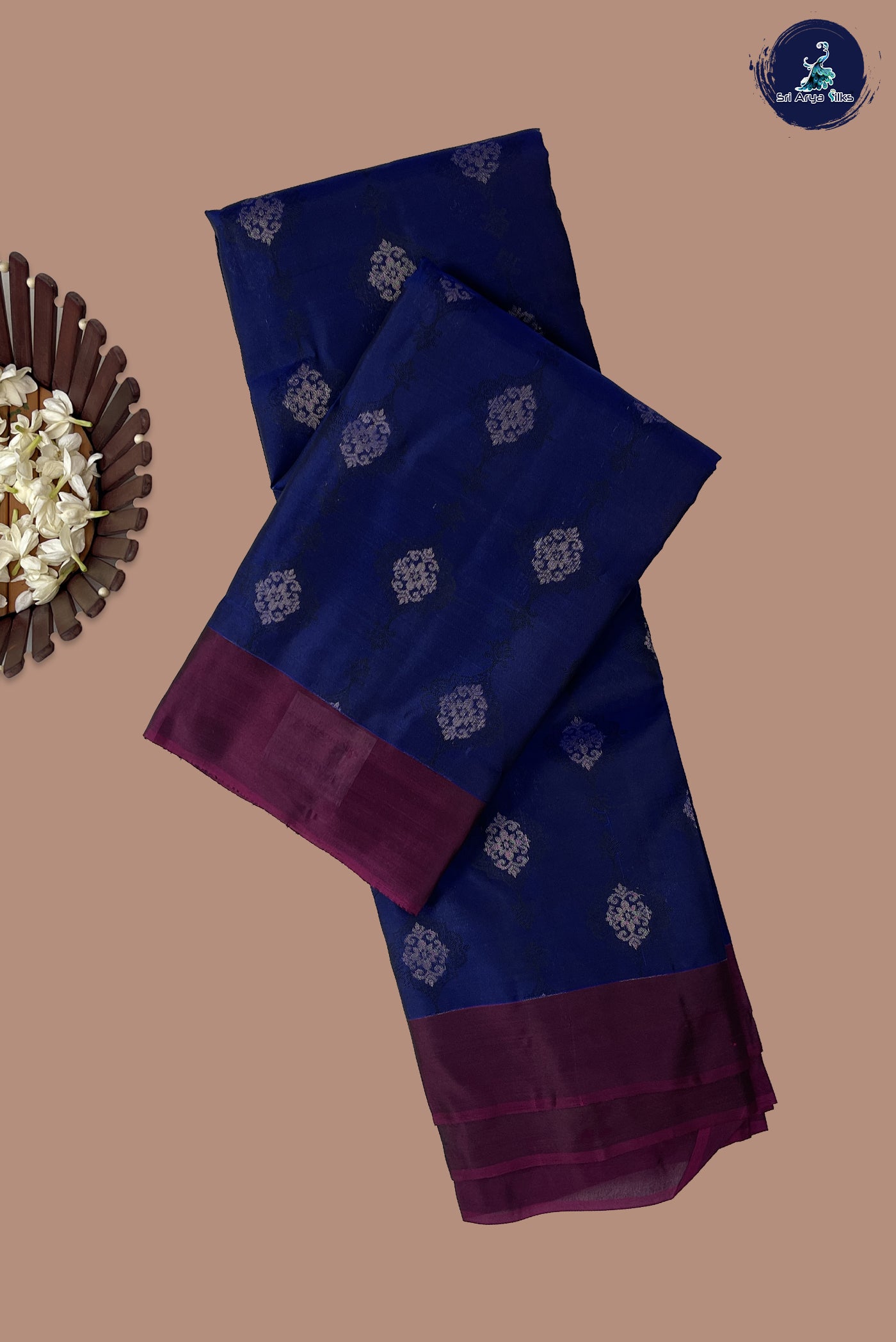 Dark Blue Half Pure Silk Saree With Embossed Pattern