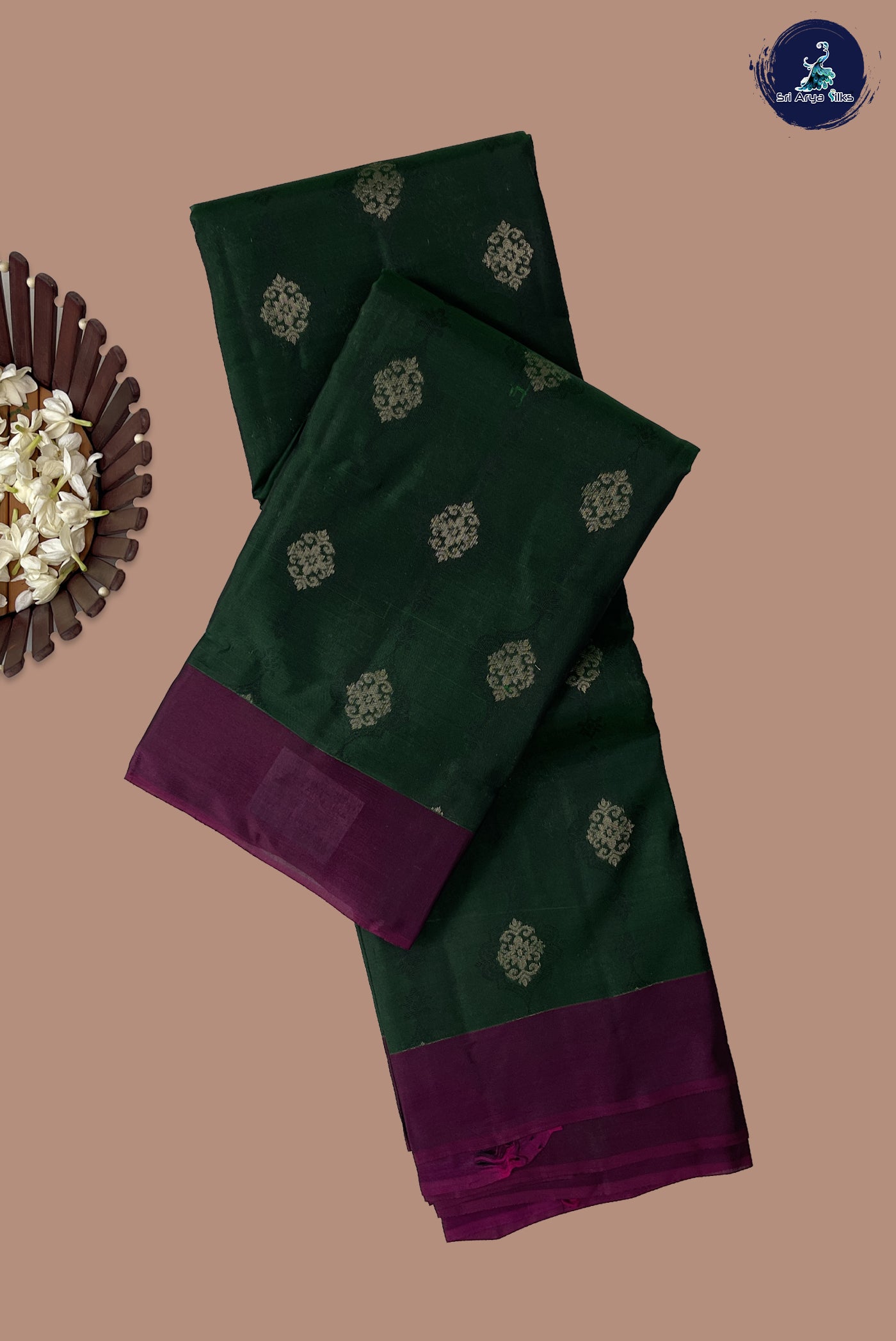 Bottle Green Half Pure Silk Saree With Embossed Pattern
