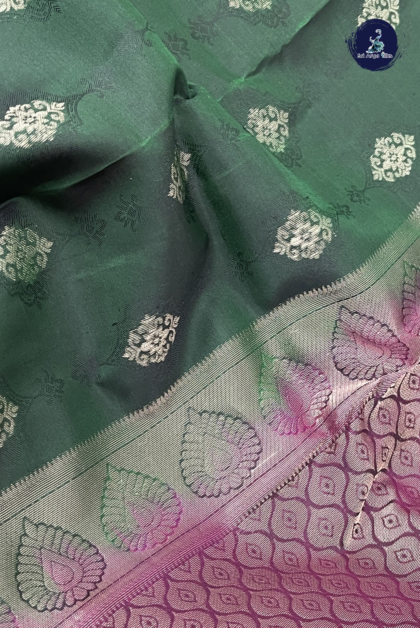Bottle Green Half Pure Silk Saree With Embossed Pattern