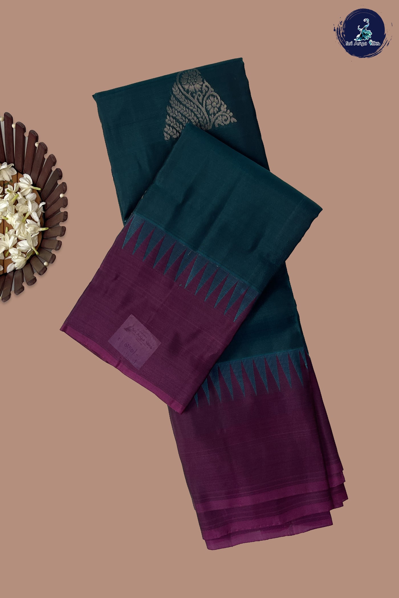 Peacock Blue Half Pure Silk Saree With Plain Pattern