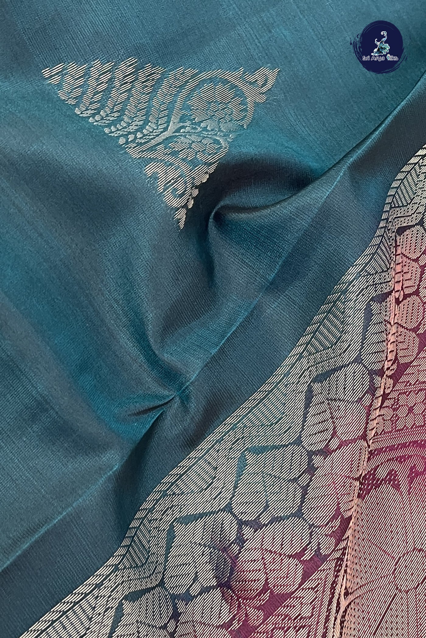 Peacock Blue Half Pure Silk Saree With Plain Pattern