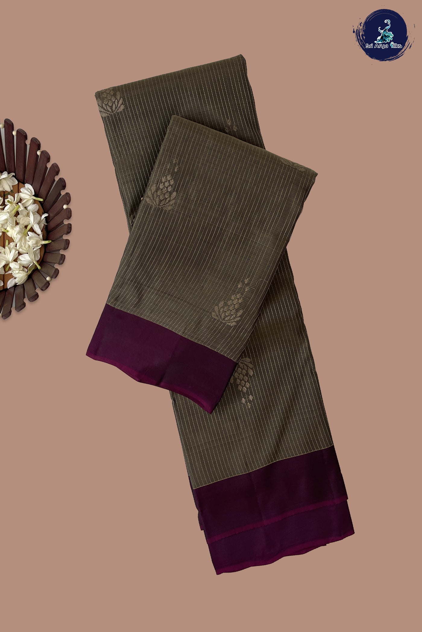 Dual Tone Grey Half Pure Silk Saree With Stripes Pattern