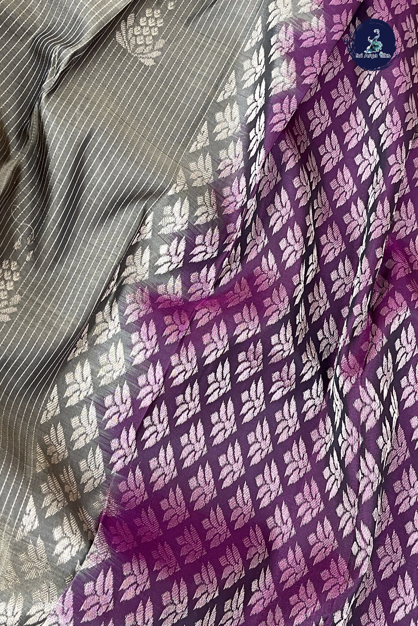 Dual Tone Grey Half Pure Silk Saree With Stripes Pattern