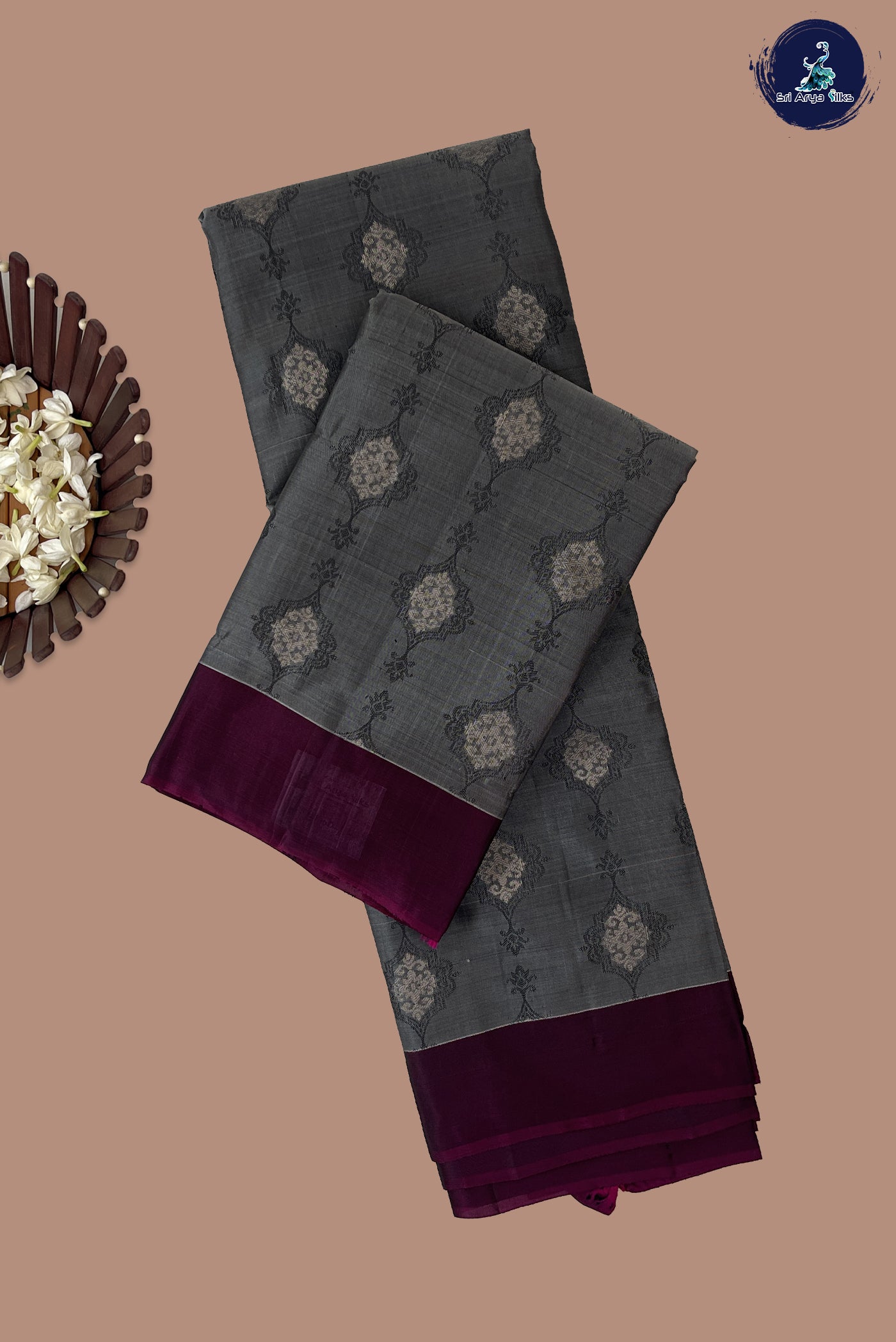 Grey Half Pure Silk Saree With Embossed Pattern