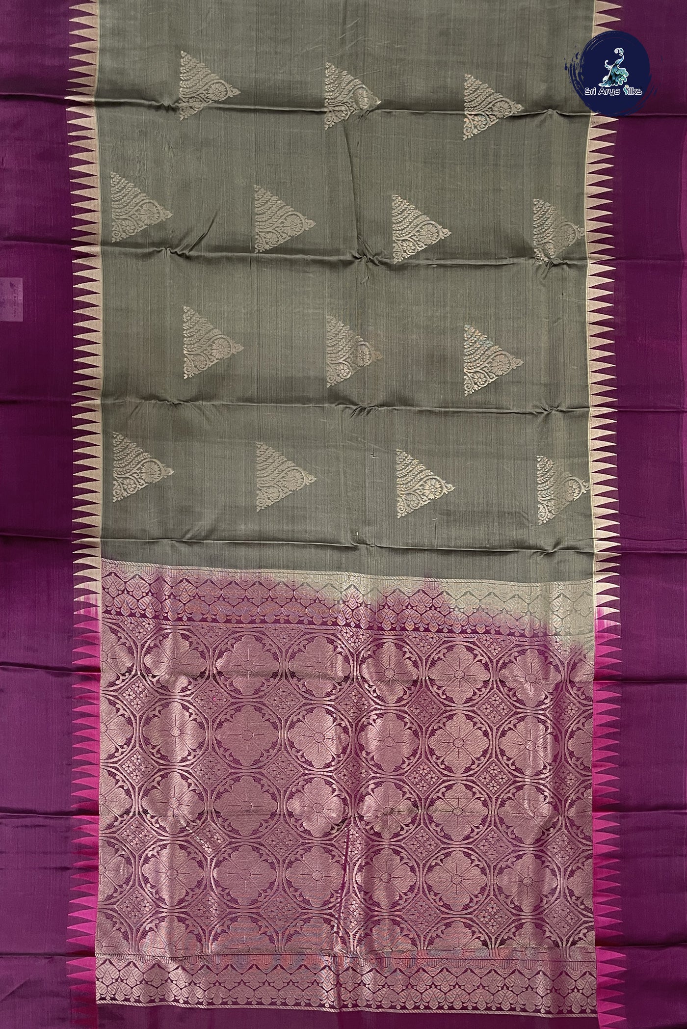 Greenish Grey Half Pure Silk Saree With Embossed Pattern