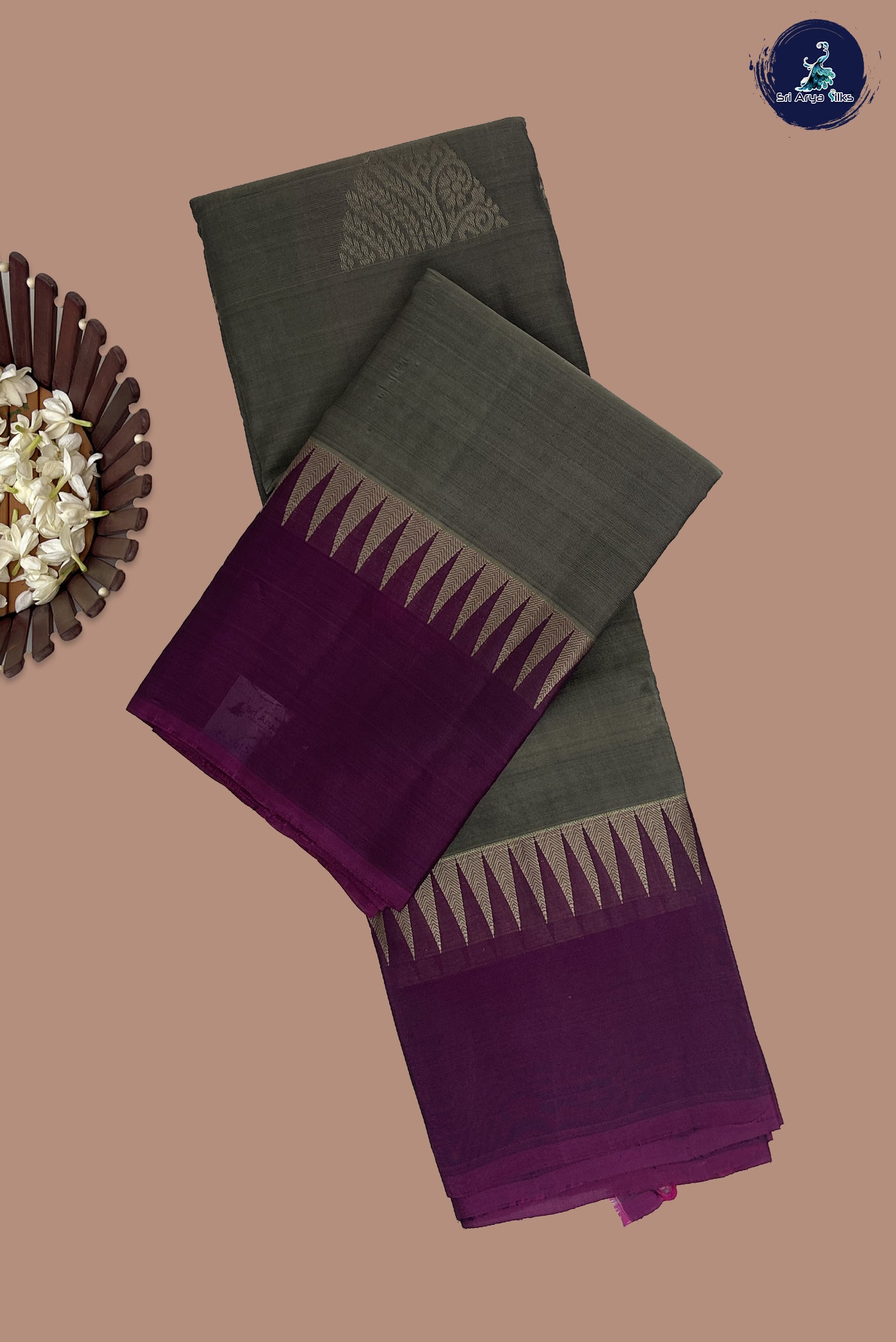 Greenish Grey Half Pure Silk Saree With Embossed Pattern