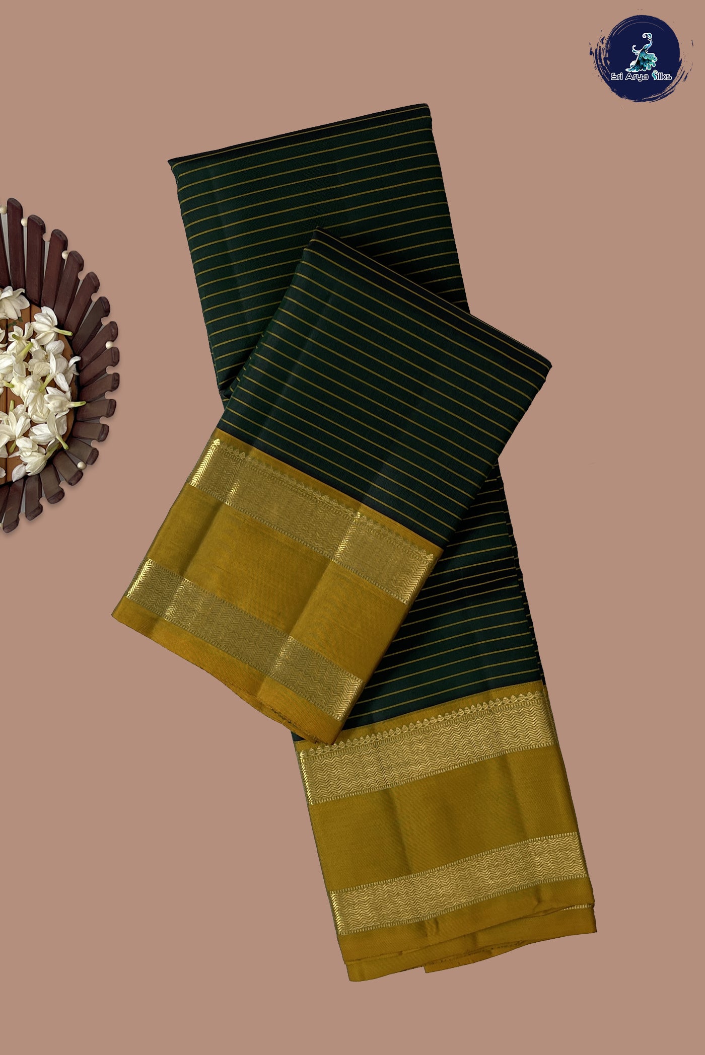 Bottle Green Light Weight Silk Saree With Stripes Pattern