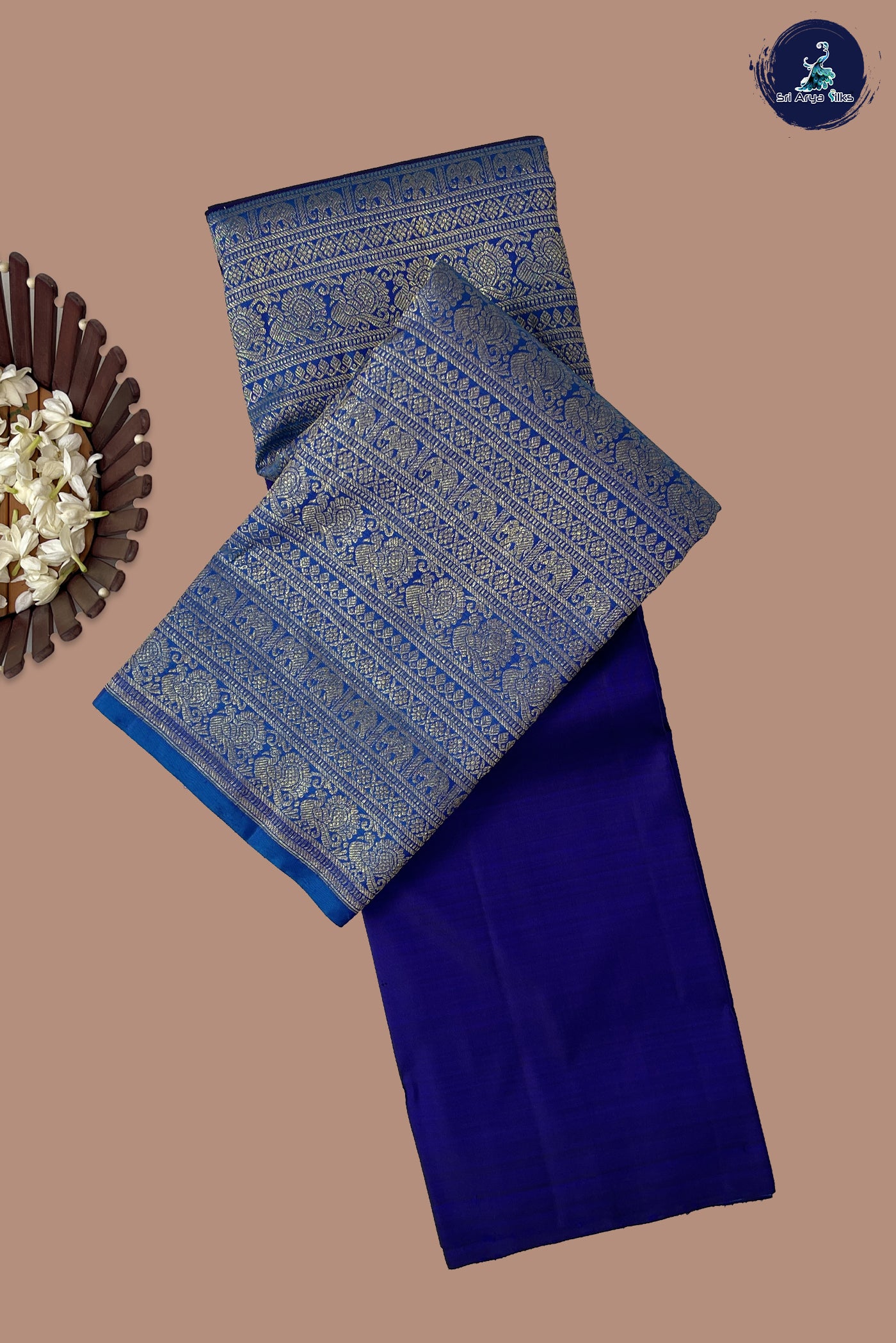Dark Blue Half and Half Checked Silk Saree With Jacquard Pattern