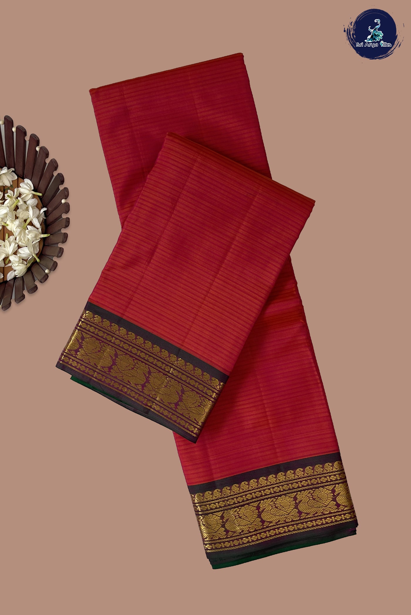 Orangish Pink Light Weight Silk Saree With Doria Lines Pattern