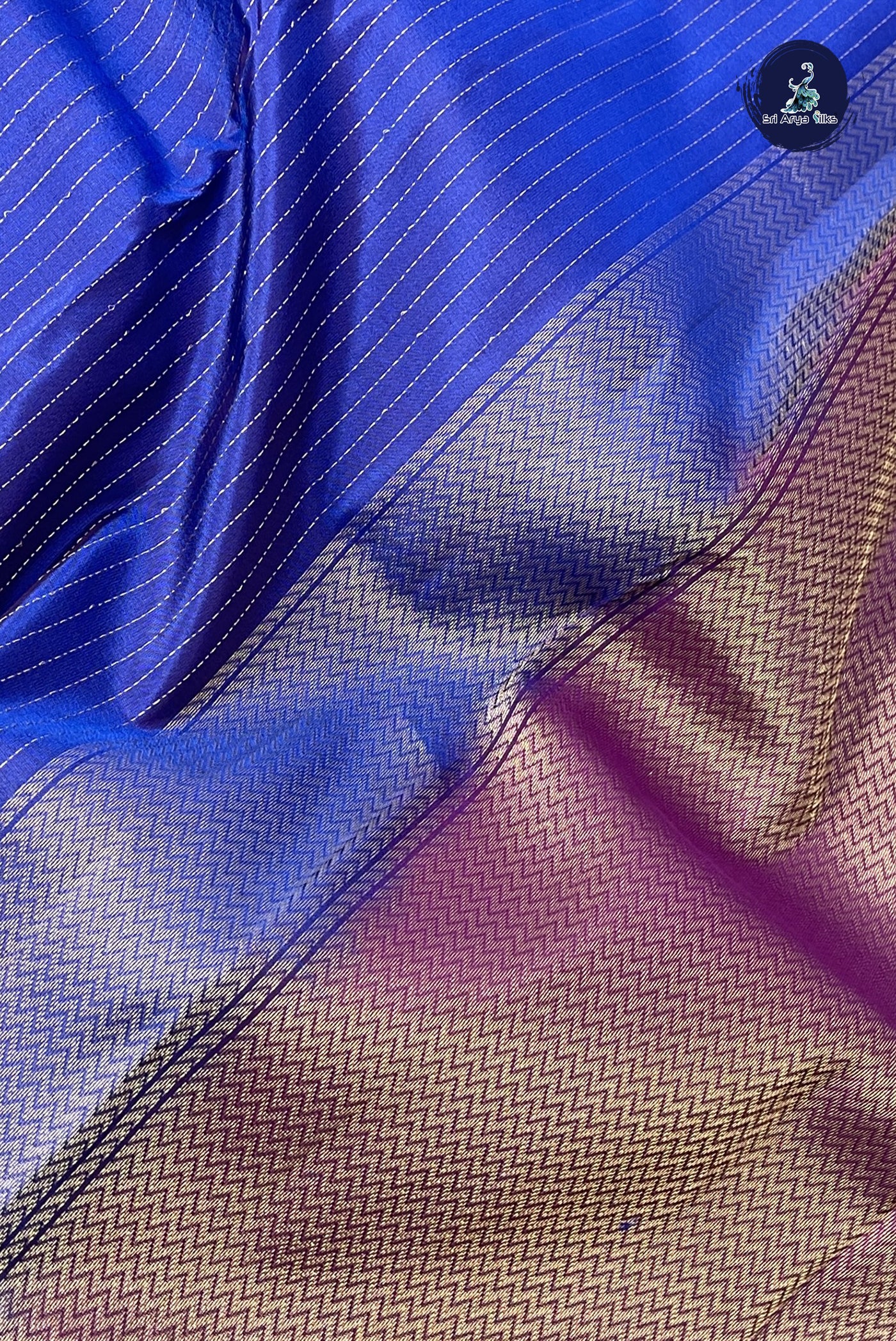 Dark Blue Half Pure Silk Saree With Stripes Pattern