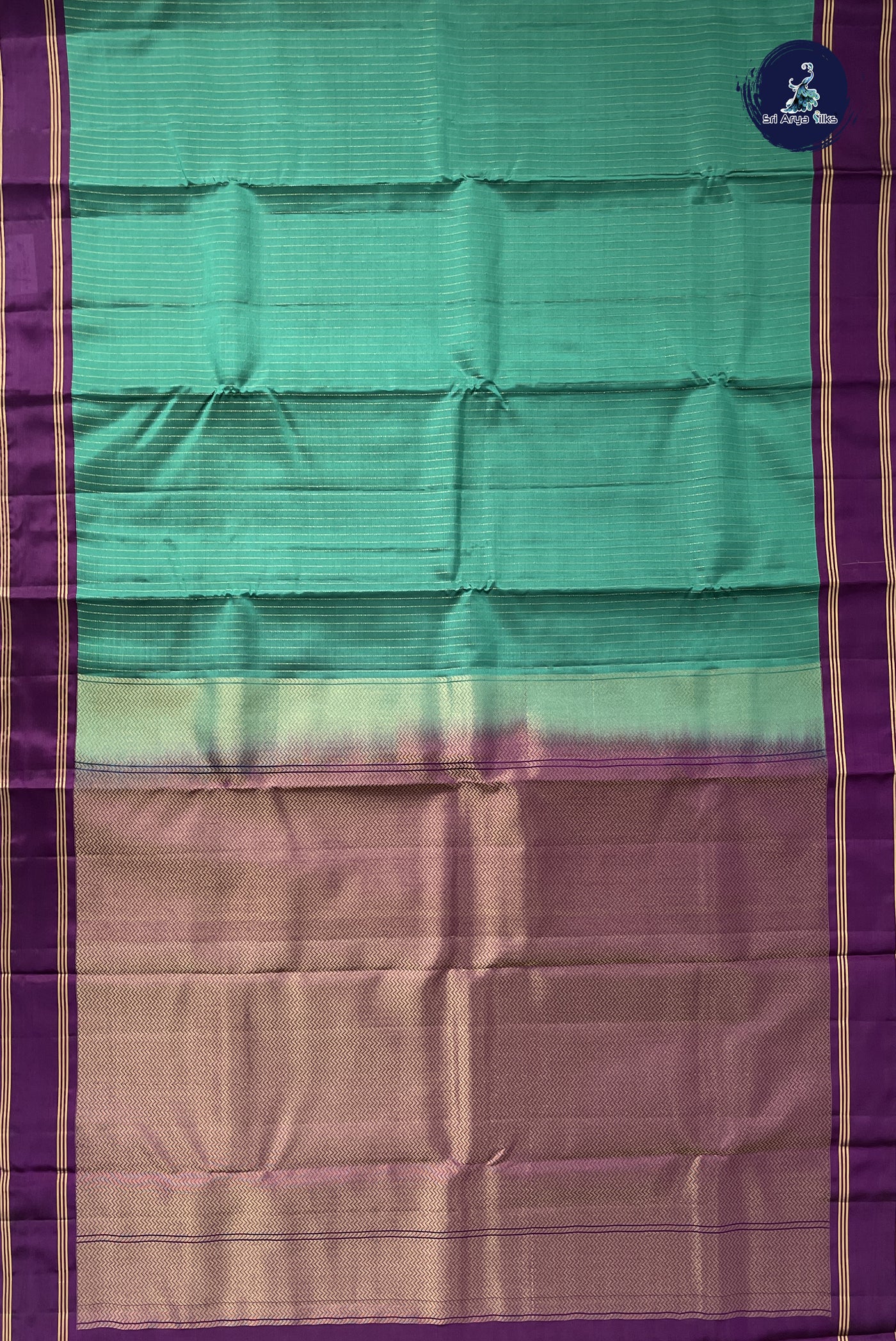 Teal Half Pure Silk Saree With Stripes Pattern