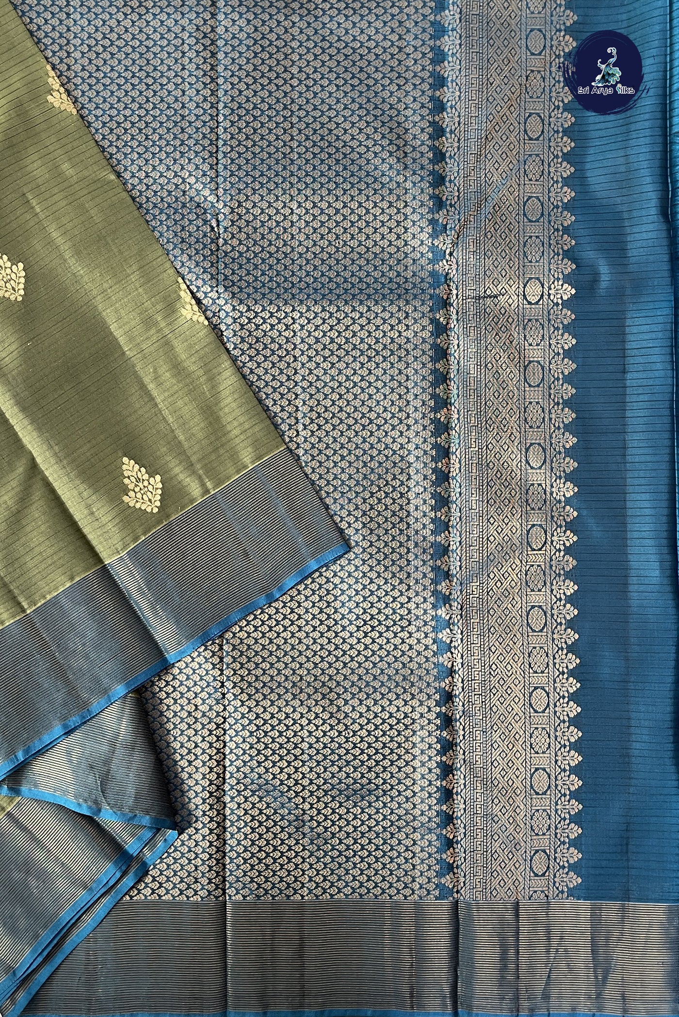 Military Green Half Pure Silk Saree With Zari Buttas Pattern