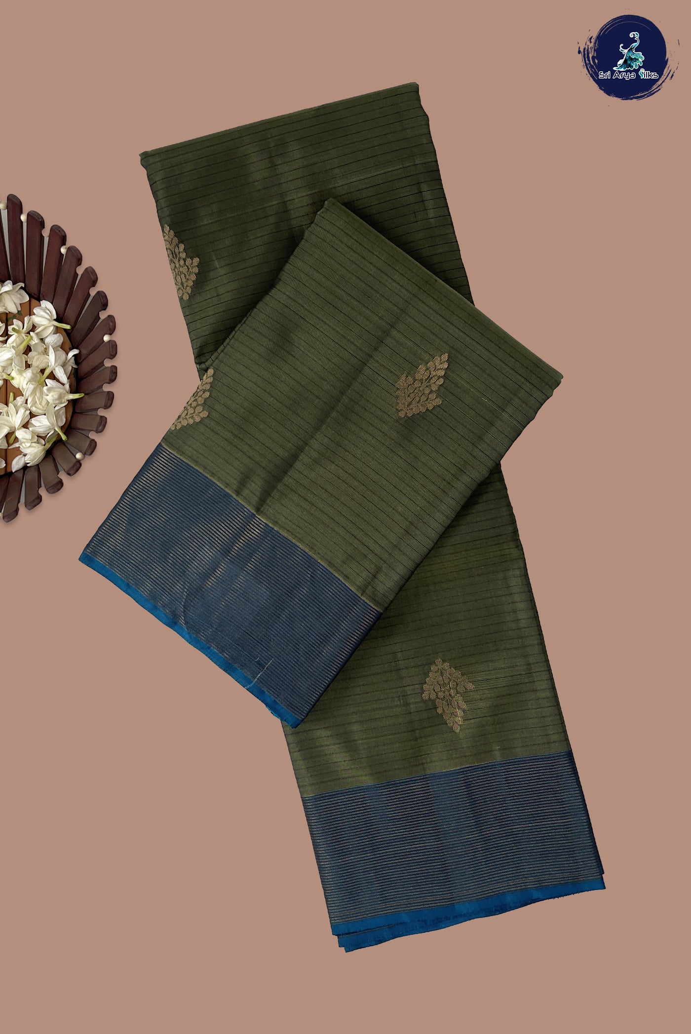 Military Green Half Pure Silk Saree With Zari Buttas Pattern