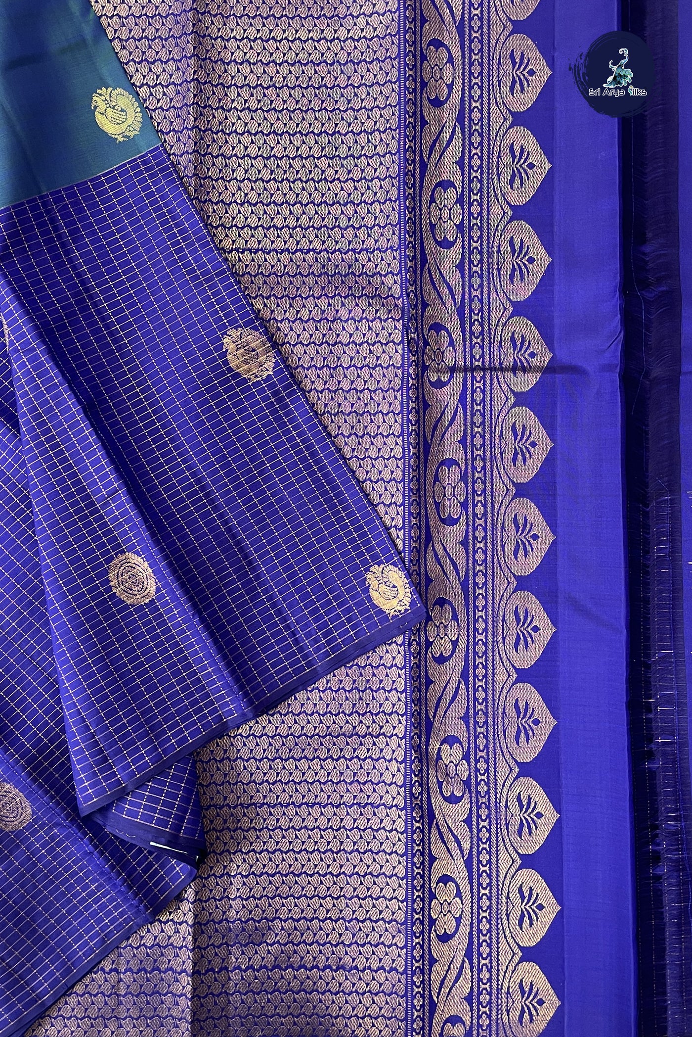 Peacock Blue Half and Half Checked Silk Saree With Zari Checked Pattern