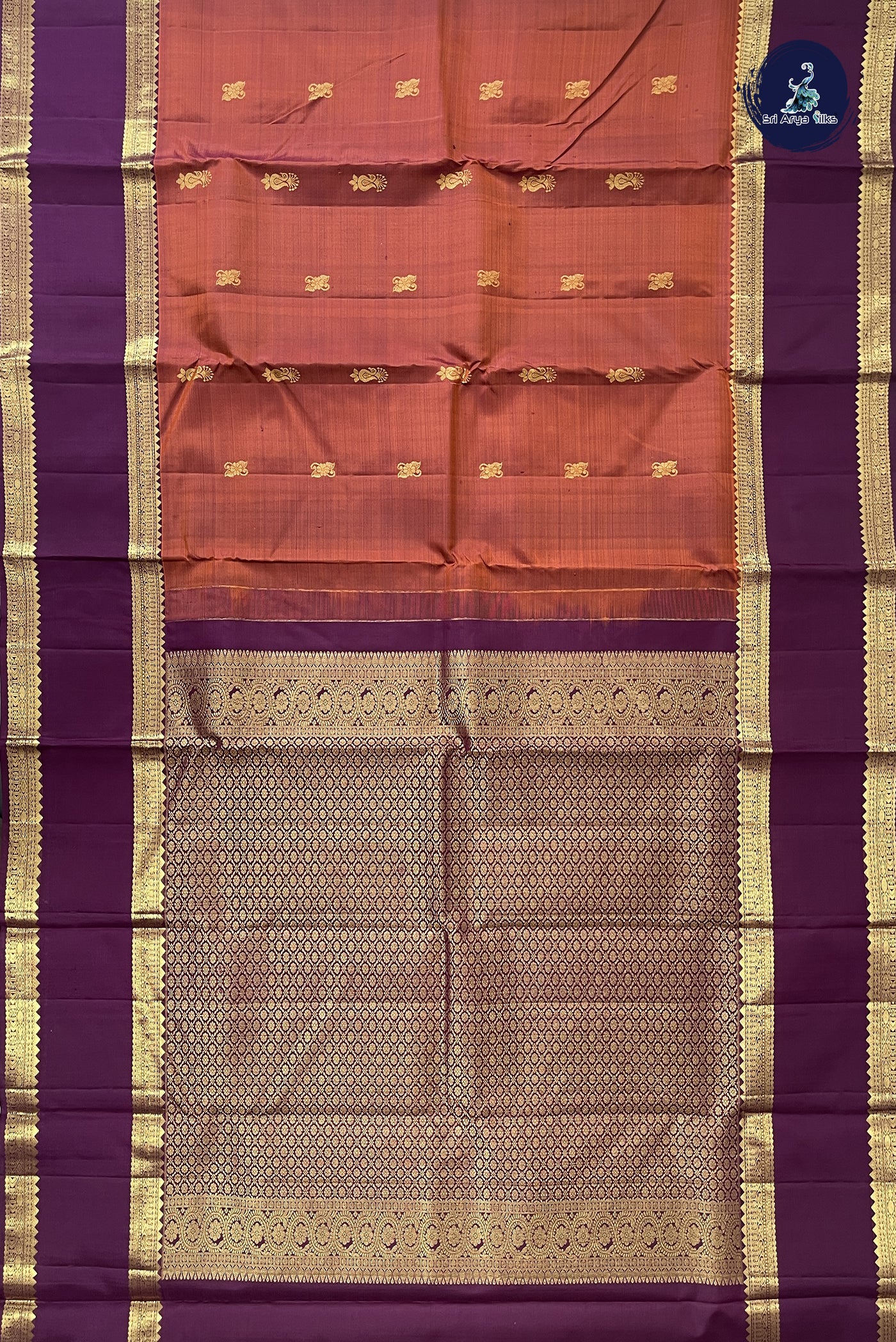 Rust Korvai Contrast Silk Saree With Zari Buttas Pattern