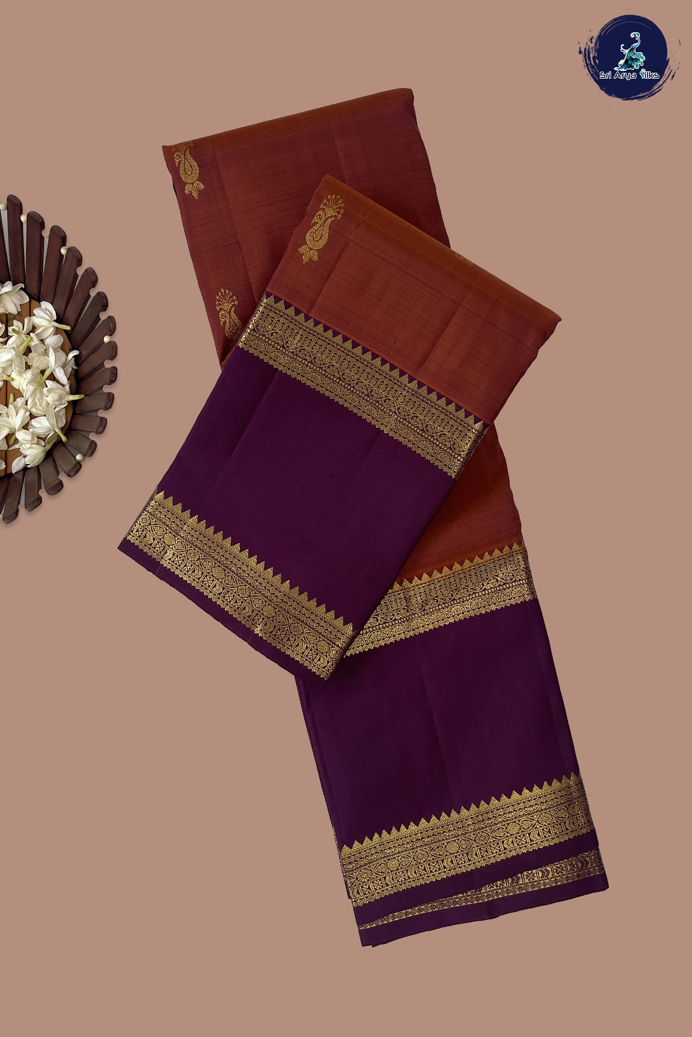 Rust Korvai Contrast Silk Saree With Zari Buttas Pattern