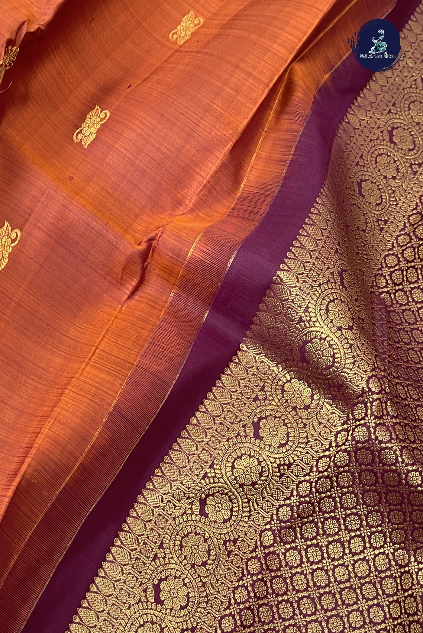 Rust Korvai Contrast Silk Saree With Zari Buttas Pattern