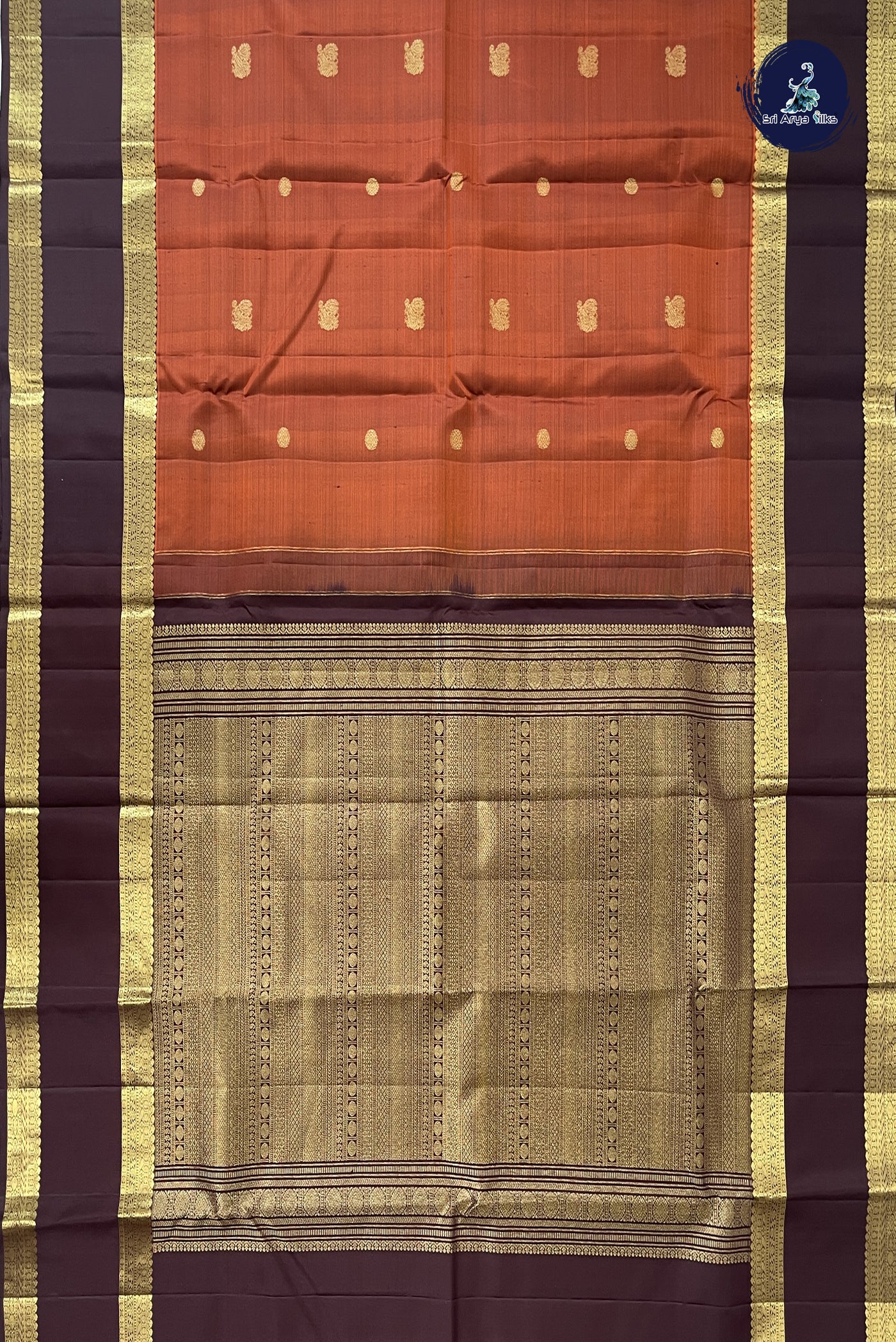 Rust Korvai Contrast Silk Saree With Zari Buttas Pattern